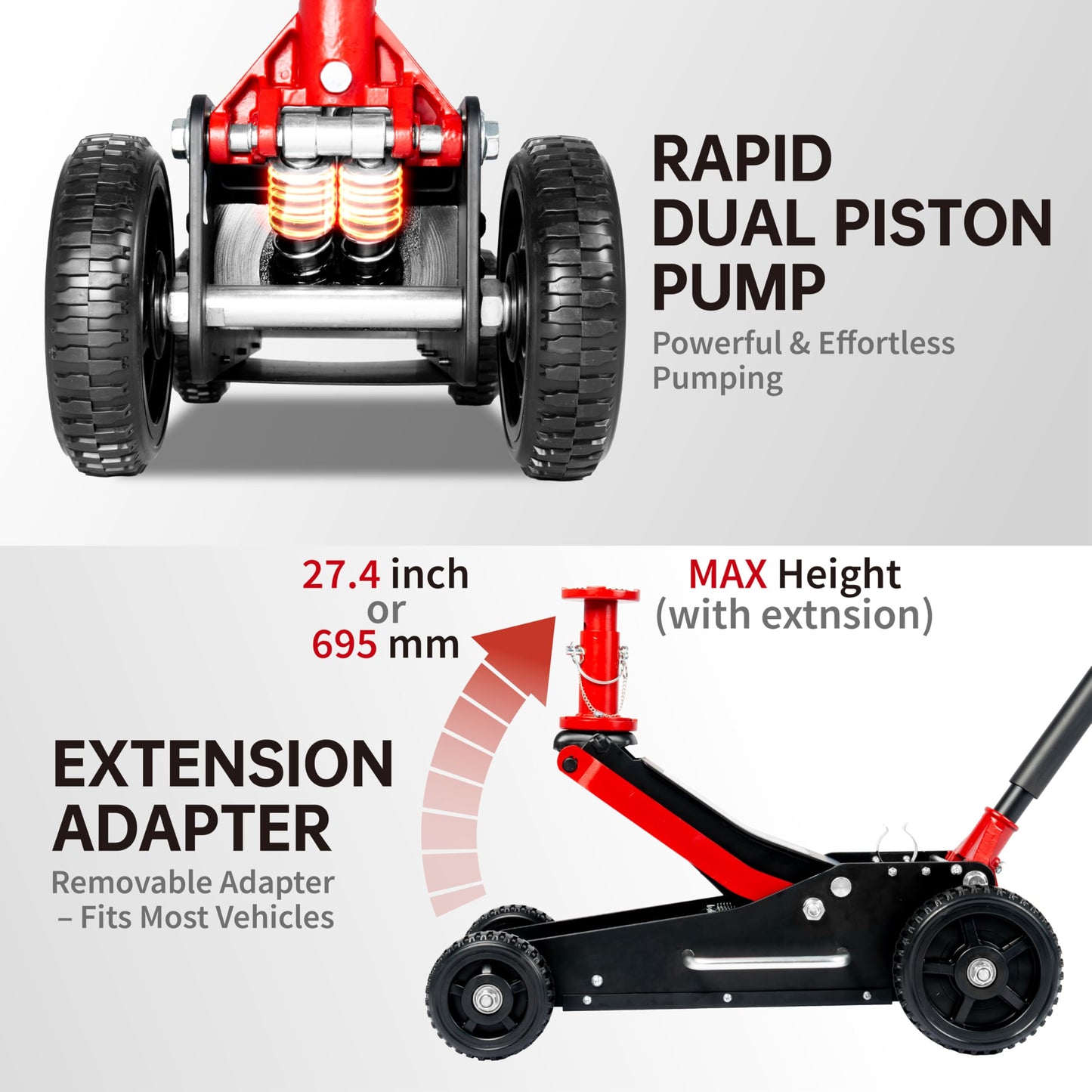 3 Ton (6600 lbs.) Big Wheel Dual Pistons Heavy-Duty Steel Construction Off-Road Jack, Hydraulic Car Jack with Extra Adjustable Height Saddle, for Trucks, SUVs, ATVs