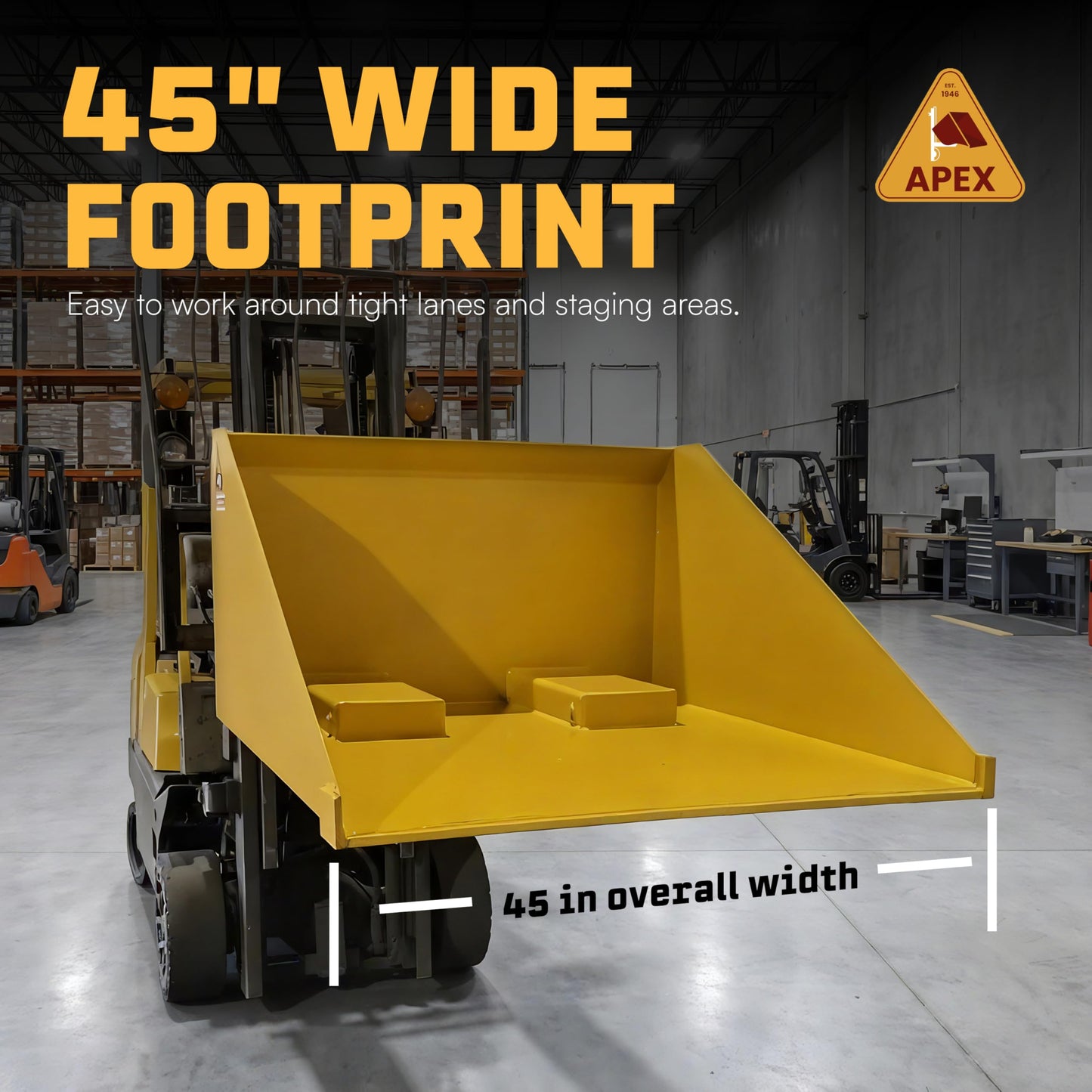 Apex 1/2 Cubic Yard Forklift Front Loading Self-Dump Bucket Attachment, 45 in Width, 4000 lb Max Capacity, 550 lb Weight, Yellow, Transport Snow Gravel, Sand, Brush