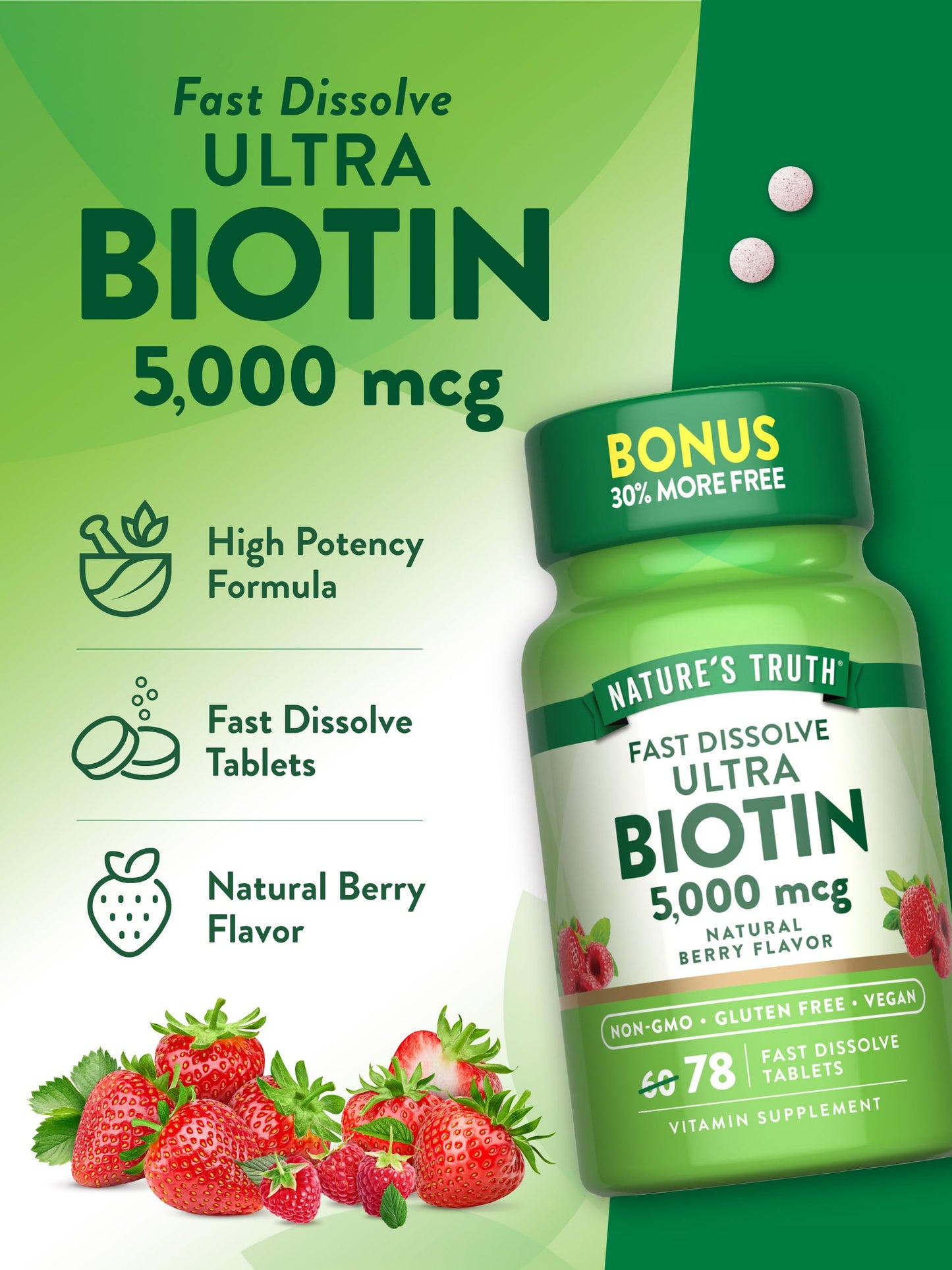 Nature's Truth Biotin 5000mcg | 78 Fast Dissolve Tablets | Natural Berry Flavor | Vegan, Non-GMO & Gluten Free