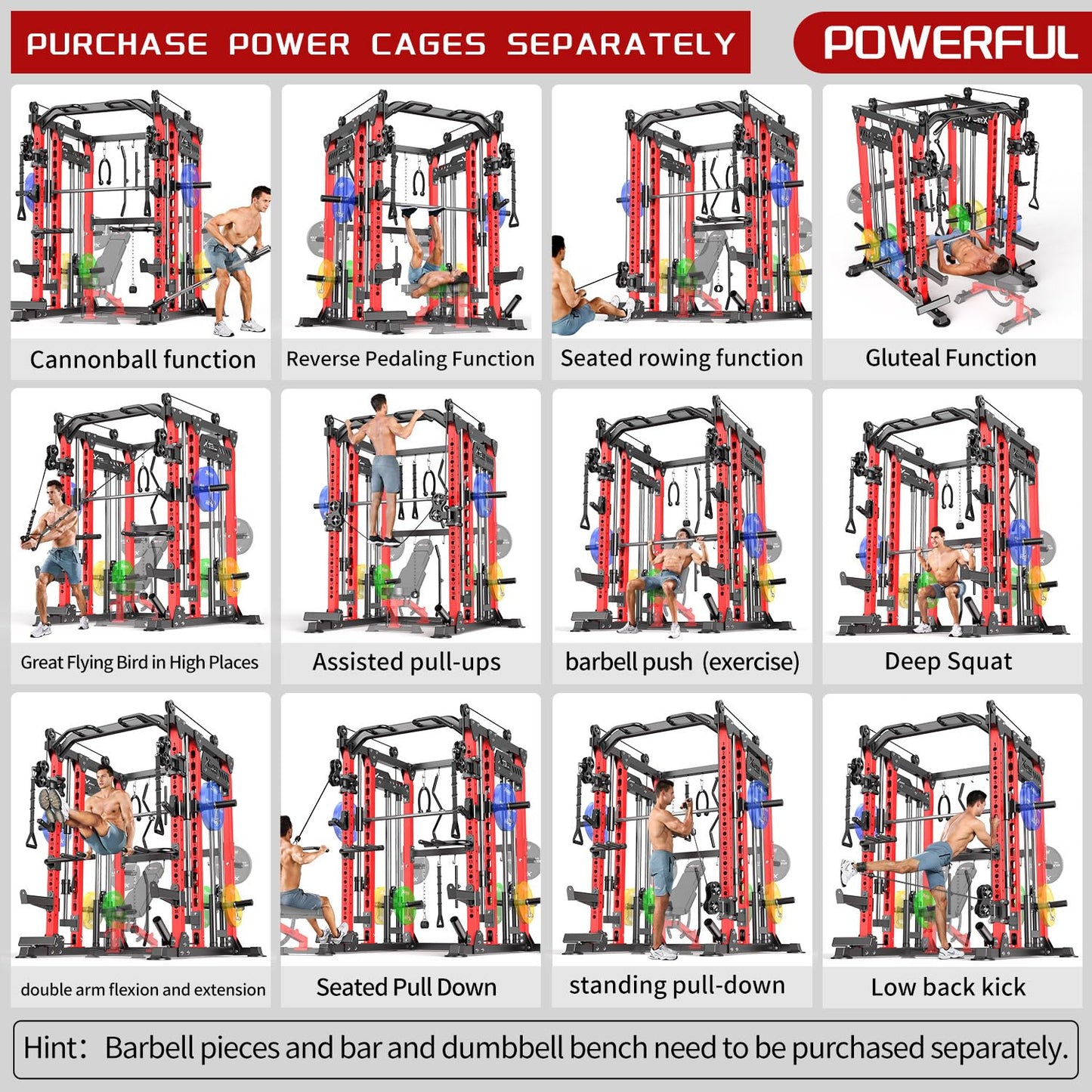 XGSW XINGESIWR Multi-Purpose Squat Rack,Smith Machine Weight Rack Set with Cable Crossover System, Home Gym Power Racks, Power Racks and Packages (L04, Power cage Red)