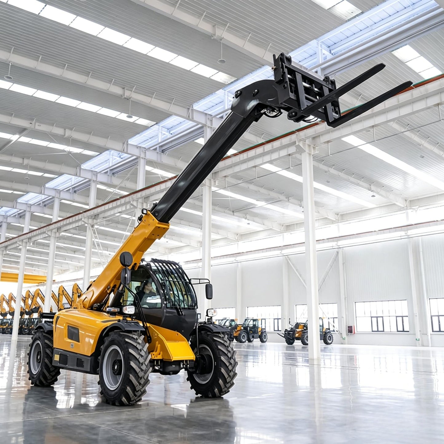 Telescopic Reach Forklift for Farm and Warehouse Material Handling, Rough Terrain Telehandler with Enclosed Cab for Outdoor Construction Loading Operations