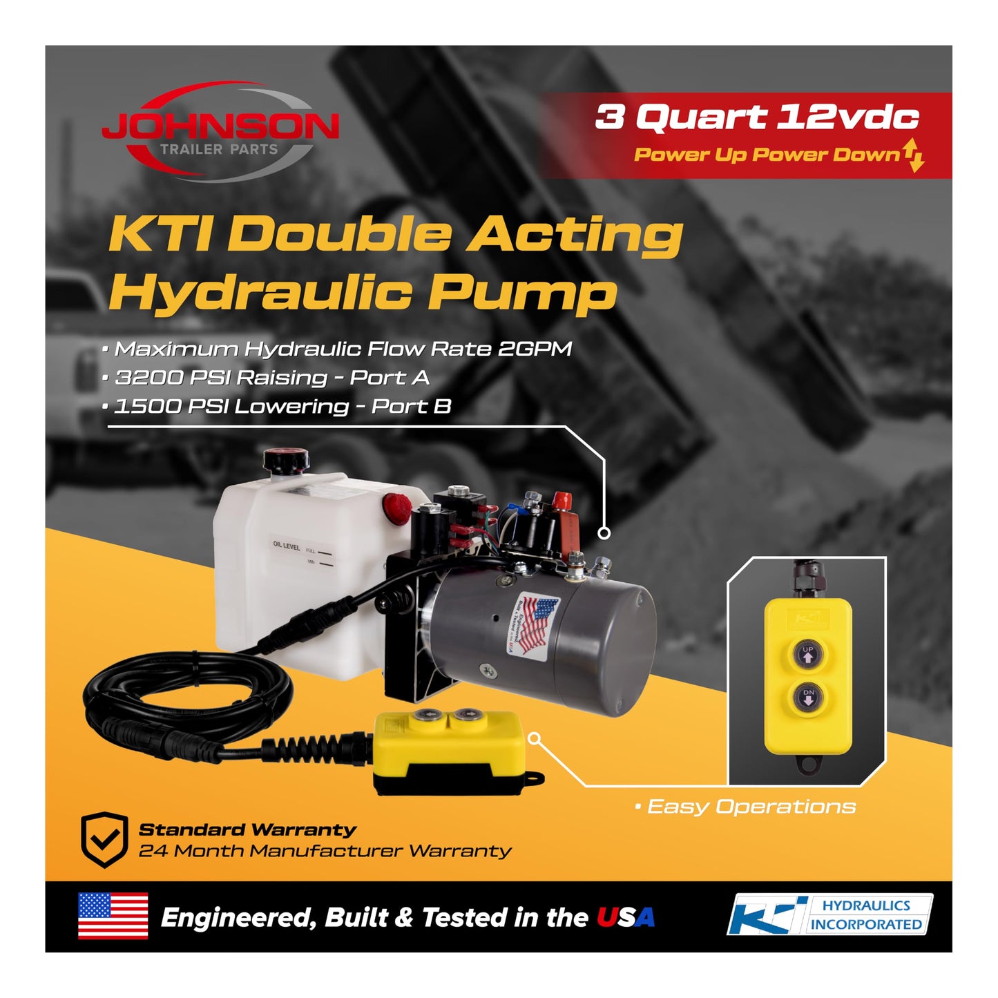 Dexter 24,000 lb Hydraulic Trailer Jack Kit – Dual 12,000 lb Power Jacks – KTI Double Acting Pump – Electric Hydraulic – for Dump, Cargo & Gooseneck Trailers