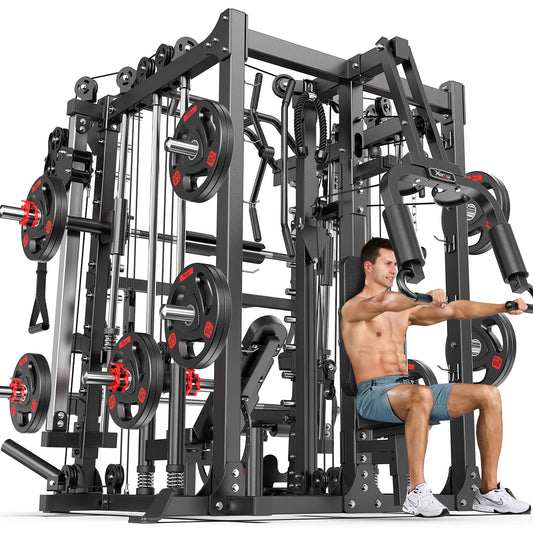 Multi-Purpose Squat Rack,Smith Machine Weight Rack Set with Cable Crossover System, Home Gym Power Racks, Power Racks and Packages (L07 Duo Edition, Power cage Black+Bench+(Pole+Cast lron) 338LBS)