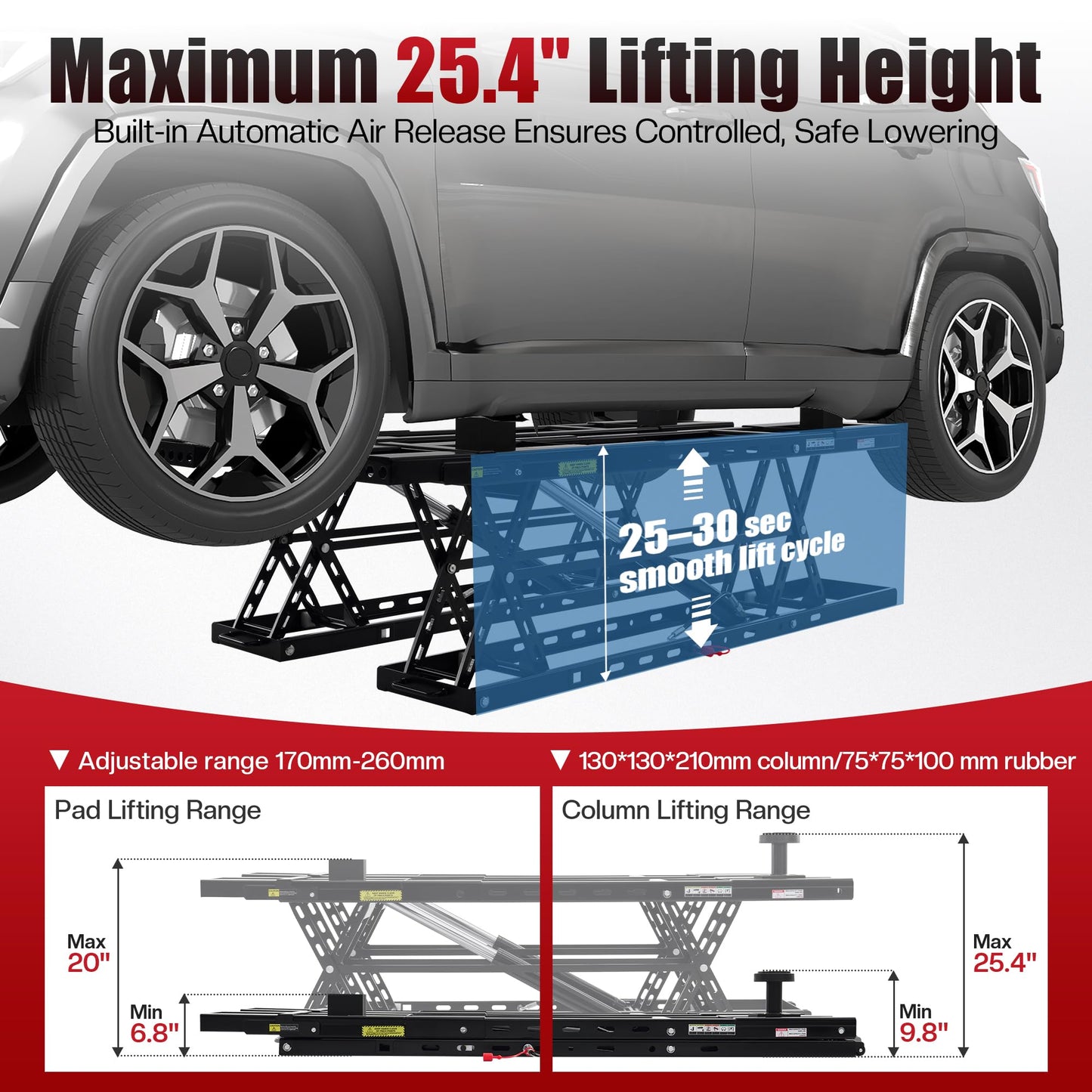 SPECRAFT 7000 LBS Portable Car Lift, Heavy-Duty Hydraulic Quick Jack with 25.4" Max Height, Multi-Safety Lock Bars & Wheels, Adjustable Scissor Lift for Cars, SUVs, Light Trucks, Garage Use, Black
