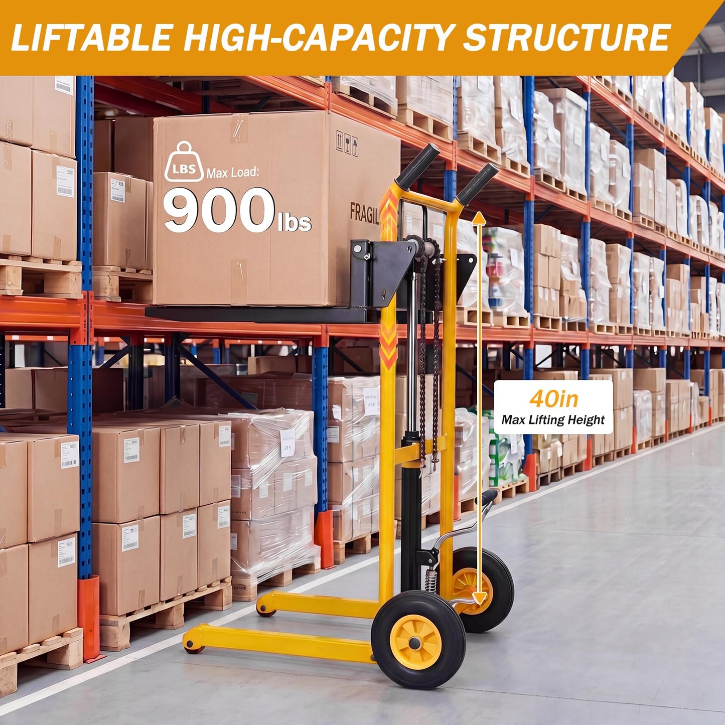 900 Lbs Hydraulic Material Lift Stacker, Heavy Duty Manual Pallet Truck Dolly with Adjustable Forks, 40" Max Lift Height Portable Forklift Table Cart for Warehouse (Yellow)