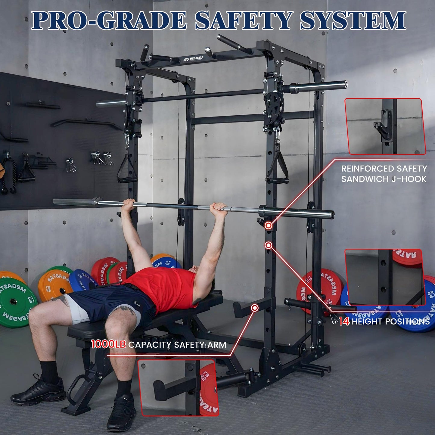 Smith Machine, 5 in 1 Heavy-Duty Squat Rack with Cable Crossover, All-in-One Home Gym Power Rack for Full-Body, Dual 1:1 Pulley System
