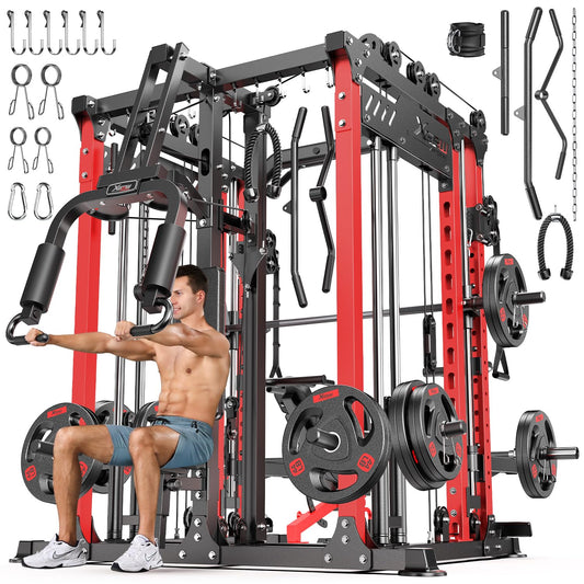 Smith Machine with Cable Crossover System, Multi-Function Power Cage Squat Rack for Home Gym, Power Rack and Packages Weight Sets. (Red, L06-Smith Machine+Bench+(Pole+Cast lron) 250LBS)