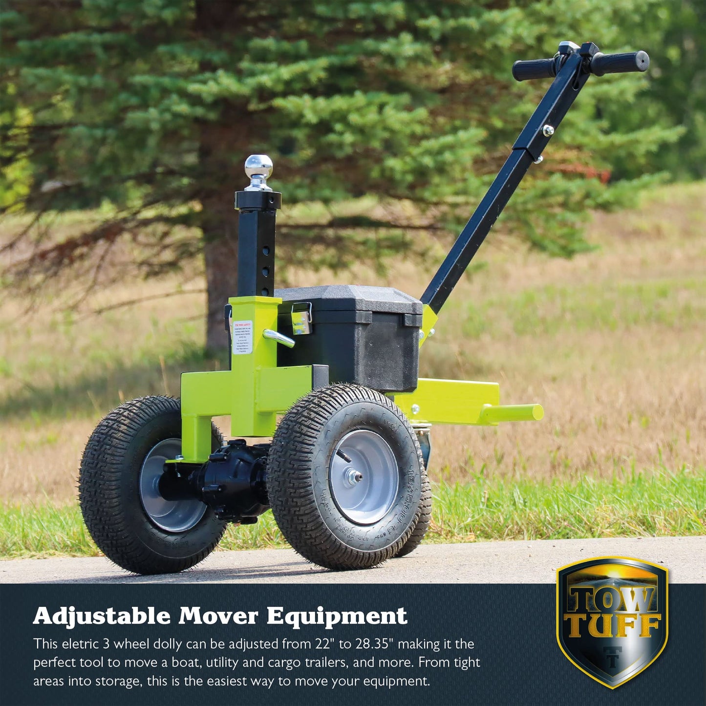 Tow Tuff Electric Trailer Dolly w/ 13" Tires & 8" Swivel Caster Wheel, 3500 lb Capacity, Green - 22" to 28.35" Adjustable Ball Height, 1.5 Mph Speed, Fits 2" Ball Mount, Utility, Boat or Cargo Use