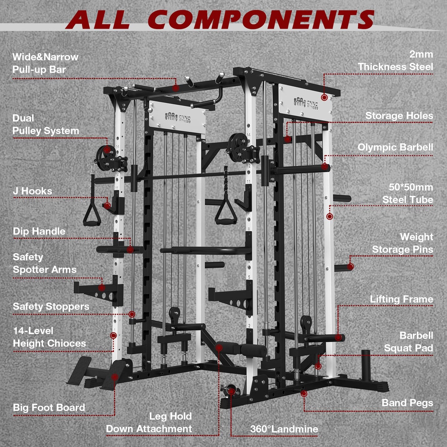 ONNO Smith Machine,2200lbs Squat Rack with LAT-Pull Down & Cable Crossover System,Multi-Function Power Cage for Home Gym with Leg Hold-Down Attachment(White)