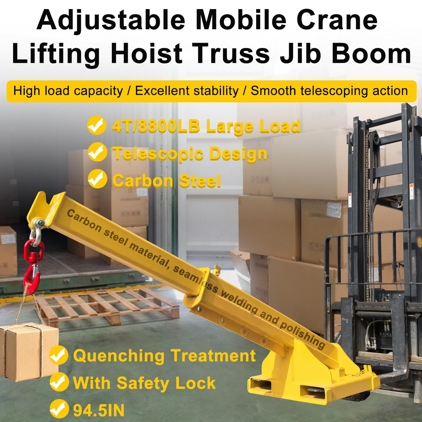 HayWHNKN Forklift Jib Boom Forklift Mobile Crane, 4T / 8800LB Telescopic Crane Attachment with Hook, Max Length 94.5'' Mobile Lifting Hoist Towing Handling for Warehouse & Construction Material