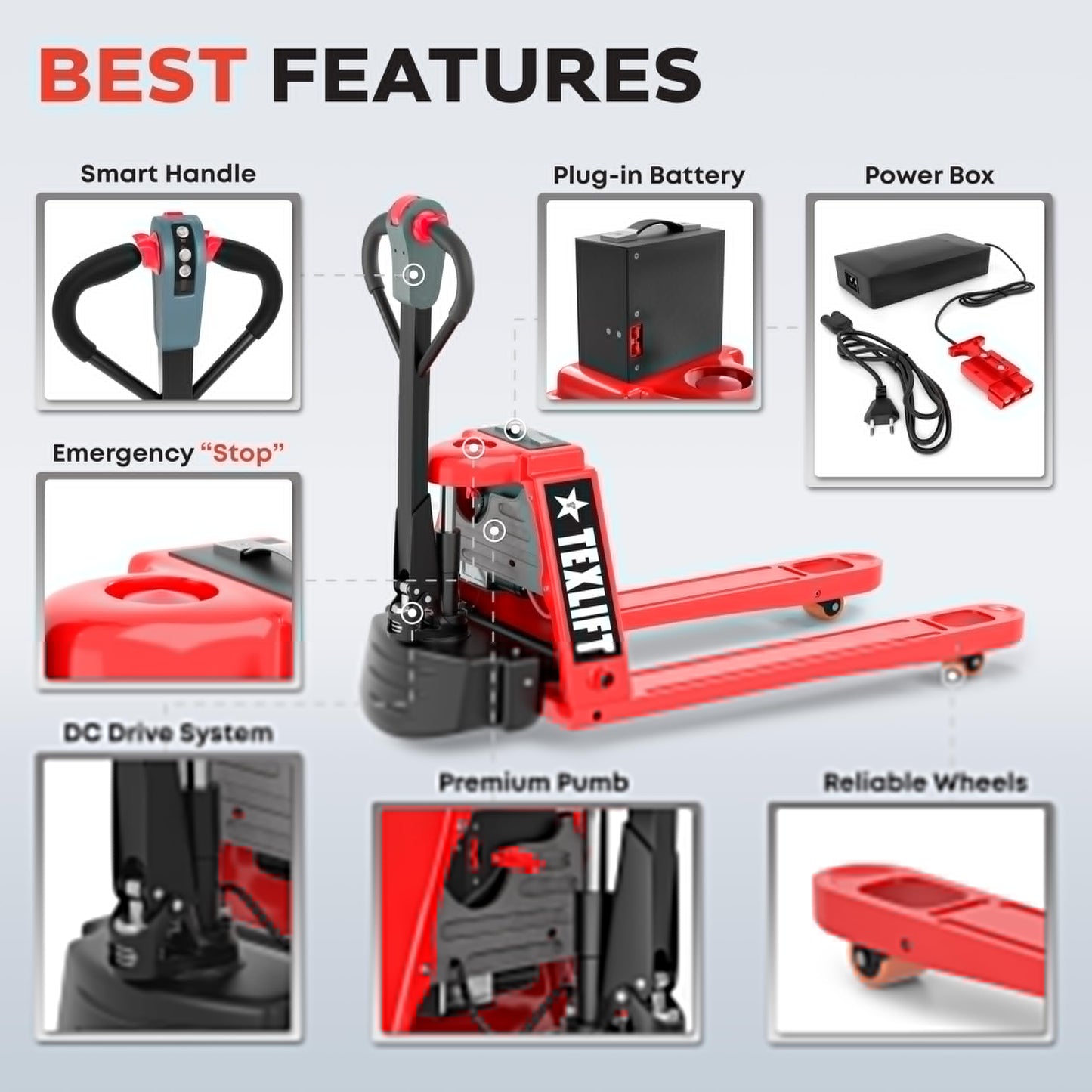 TEXLIFT Full Electric Forklift Walkie Pallet Stacker 3300 Lb Capacity 118 Inch Lifting Height and Full Electric Power Pallet Jack 4400 Lb Capacity 48” L x 27” W Fork Size