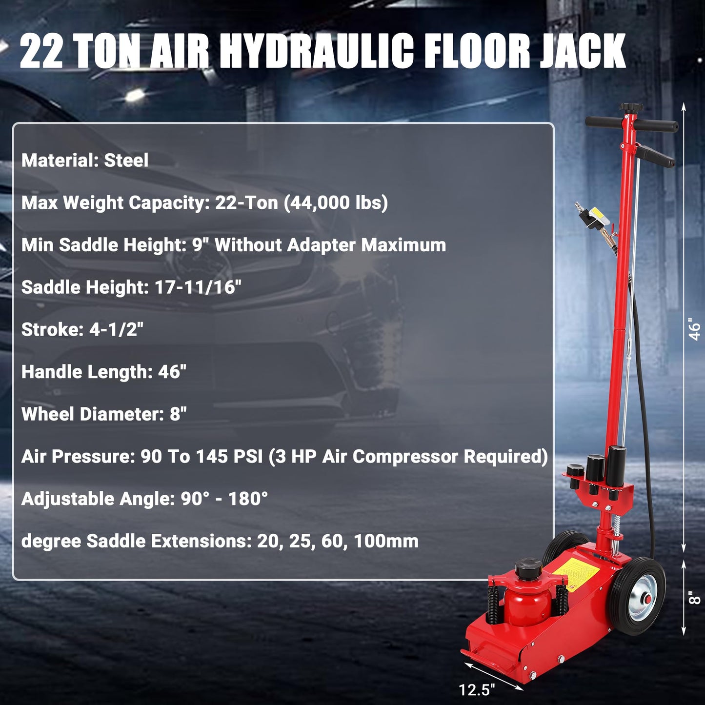 22 Ton Air Hydraulic Floor Jack for Heavy Duty Trucks & Tractors – 44,000 LBS Capacity, Low Profile (9"-17.7"), 4 Adapters (10/25/60/100mm), 46" Adjustable Handle – Dual Power (Air/Hydraulic)