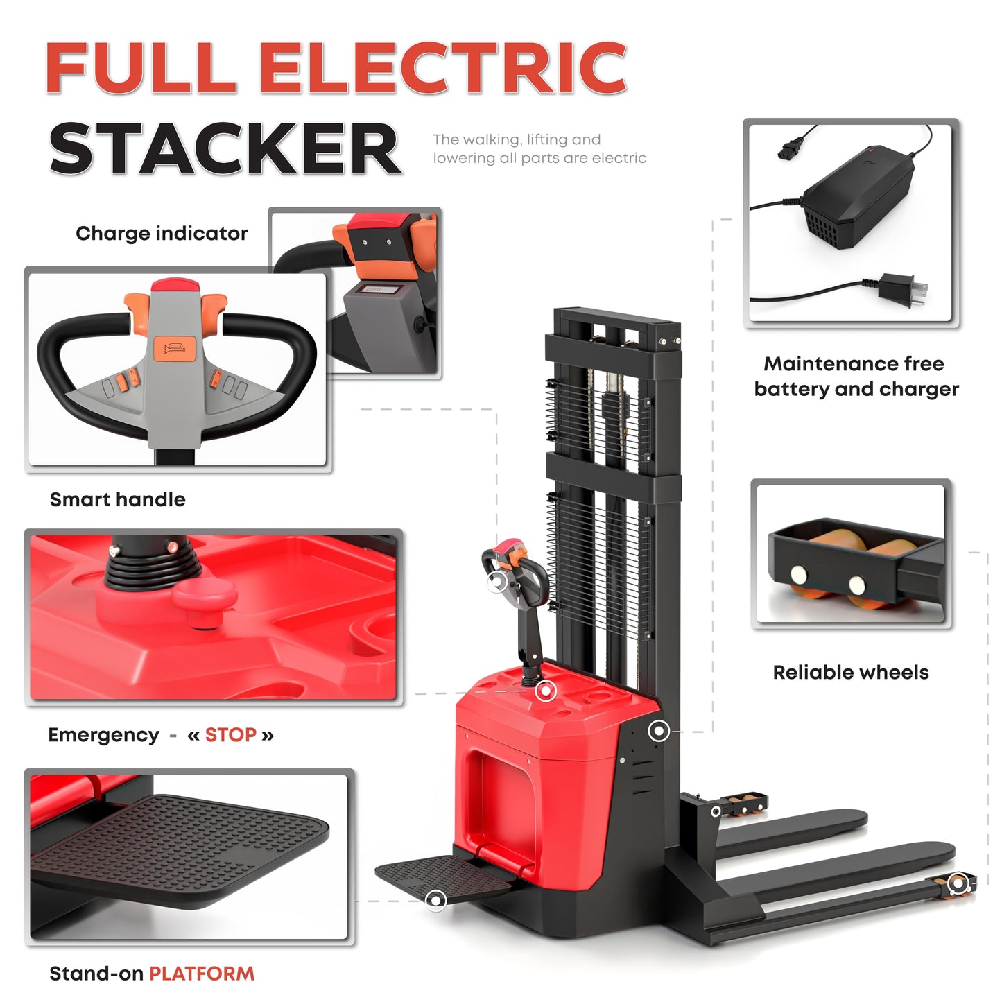 Full Electric Forklift Walkie Pallet Stacker with Stand 3300 Lb Capacity 118 Inch Lifting Height and Full Electric Power Pallet Jack 4400 Lb Capacity 48” L x 27” W Fork Size