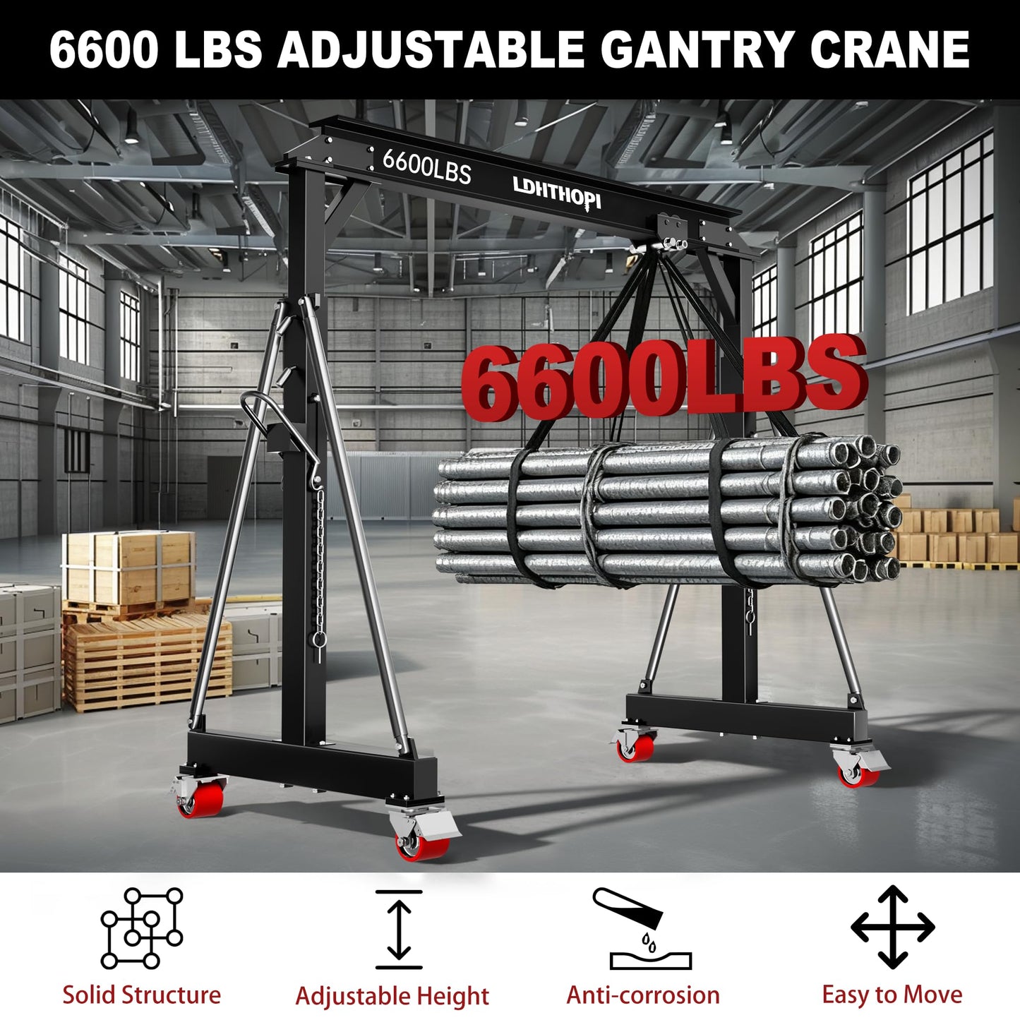 LDHTHOPI 3 Ton Gantry Crane, 6600LBS Adjustable Height 8.53 to 12.47ft with Triangle Base, Portable I-Beam Hoist for Factory, Warehouse, Auto Repair & Construction,Black