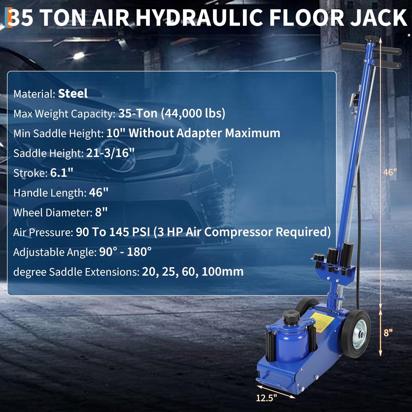 35 Ton Air Hydraulic Floor Jack for Heavy Duty Trucks & Tractors – 77,000 LBS Capacity, Low Profile (10"-21.19"), 4 Adapters (10/25/60/100mm), 46" Adjustable Handle – Dual Power (Air/Hydraulic)
