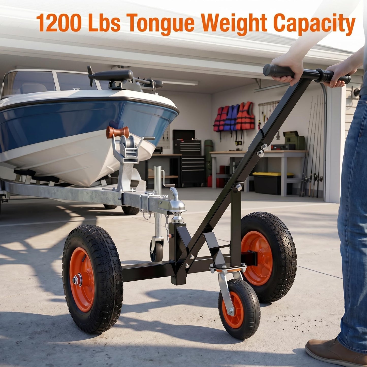 Heavy Duty Trailer Dolly, 1200 lbs Tongue Weight Capacity Trailer Mover with 2" Ball, 15.2" Pneumatic Tires & 8" Swivel Wheel, Adjustable Height Tow Dolly for Boat, RV, Utility Trailers (1200lbs)