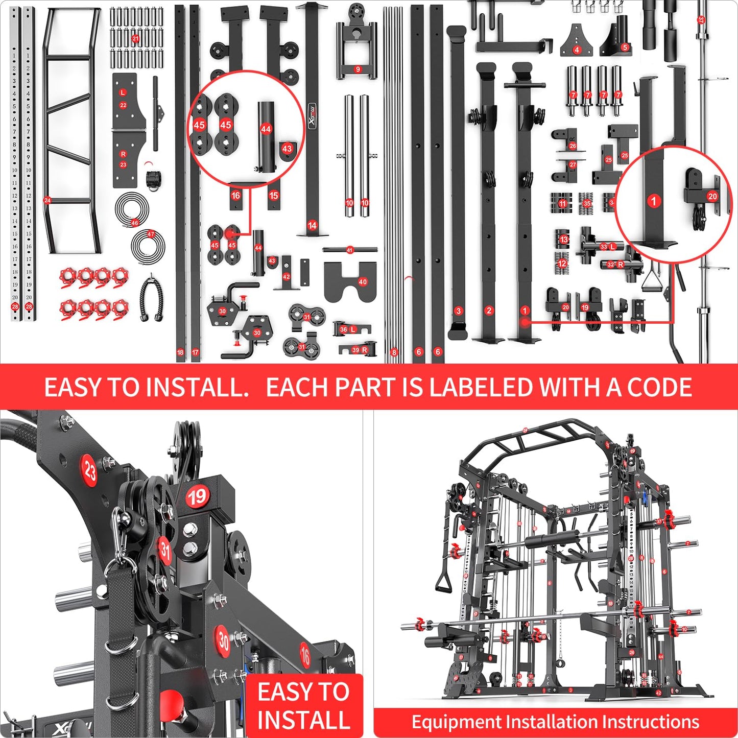 XGSW XINGESIWR Multi-Purpose Squat Rack,Smith Machine Weight Rack Set with Cable Crossover System, Home Gym Power Racks, Power Racks and Packages (L05, Power cage Black+Bench+(Pole+Cast lron) 338LBS)