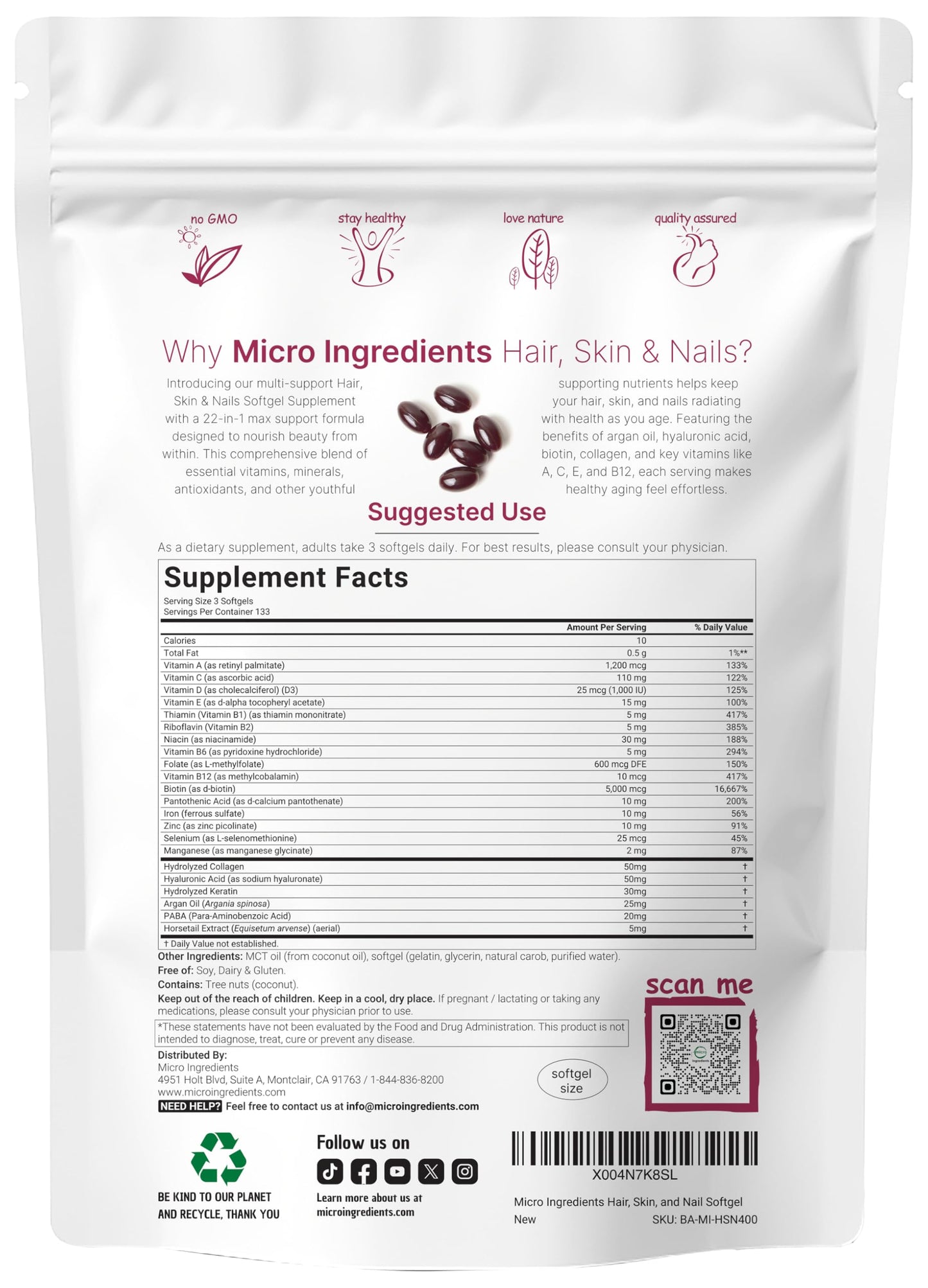 Micro Ingredients Hair Skin and Nails Vitamins for Women & Men | 400 Softgels with MCT Oil | 22-in-1 Argan Oil, Hyaluronic Acid, Collagen, Keratin & Biotin Complex | Natural Hair Growth Support