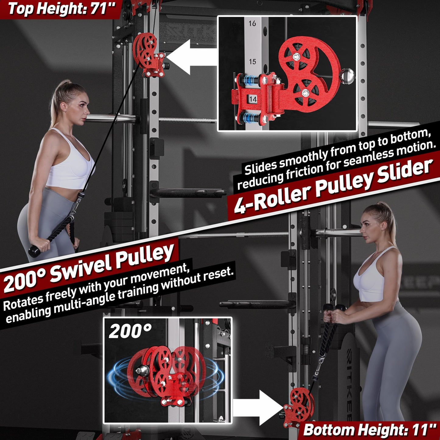 Home Gym Smith Machine with 320lb Weight Stacks – 6-in-1 Power Rack, Crossover, Pull-Up & Dip Station, Full Body Strength Training – RitKeep PMAX-5600 Pro (Red&Black(320LB)-2025 Version)
