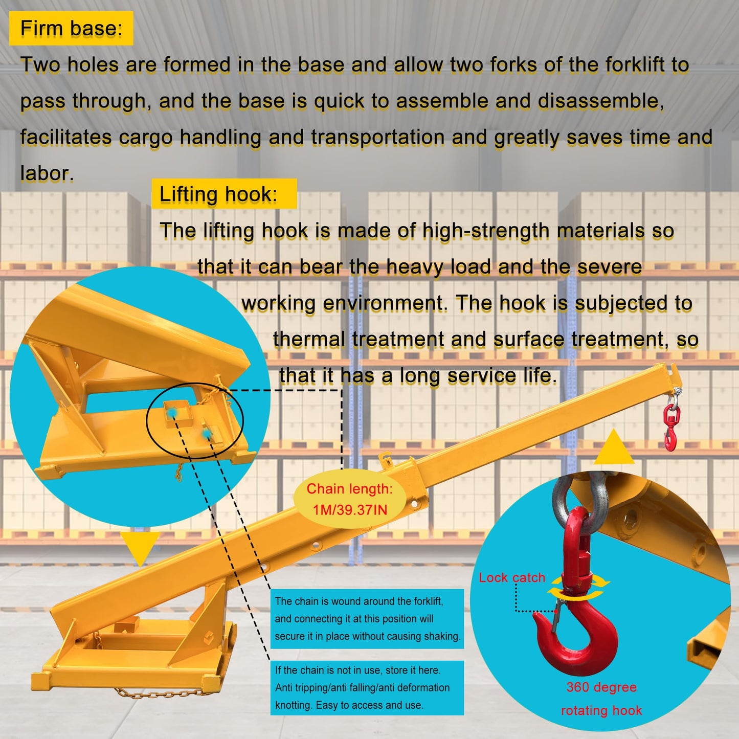 HayWHNKN Forklift Jib Boom Forklift Mobile Crane, 3T / 6600LB Telescopic Crane Attachment with Hook, Adjustable 63"-98" Mobile Lifting Hoist Towing Handling for Warehouse & Construction Material