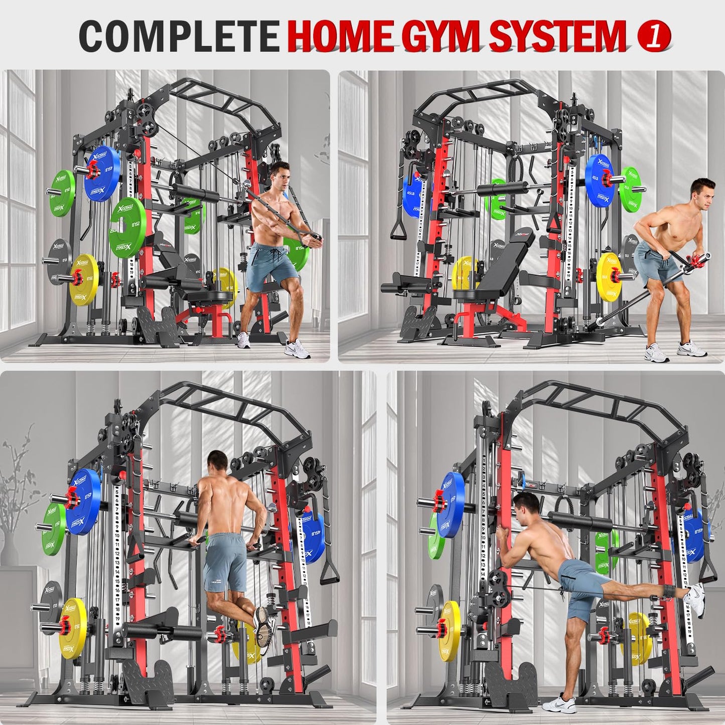 Smith Machine，Multi-Function Squat Rack Power Cage with Cable Crossover System,with Optional Weight Bench, Olympic Barbell Weight Set, for Home Gym (Black, L05-Package（Pole+Color BP） 263LBS)