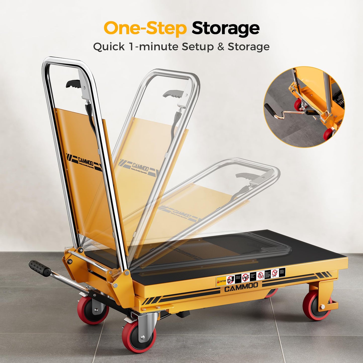 CAMMOO Foldable Hydraulic Lift Table Cart, 330lbs Capacity, 28.5" Lifting Height, Single Scissor Lift with Non-Slip Pad & Thickened Scissors Design for Material Handling and Transportation, Yellow