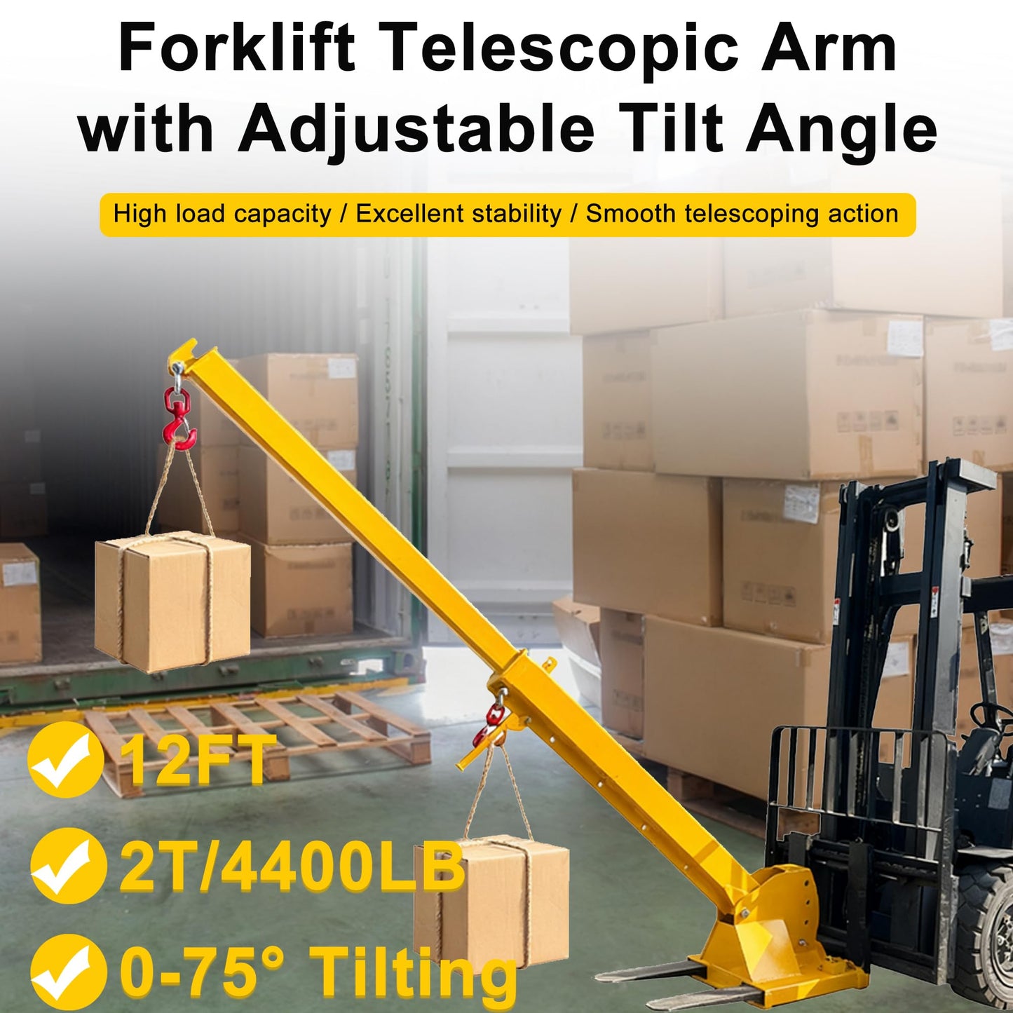 HayWHNKN 2T Forklift Telescopic Jib Boom Forklift Mobile Crane with 0-75° Adjustable Tilt Angle, 7-12ft Extension, 2 Hooks, Heavy-Duty Lifting Hoist Towing Handling for Warehouse Construction Factory