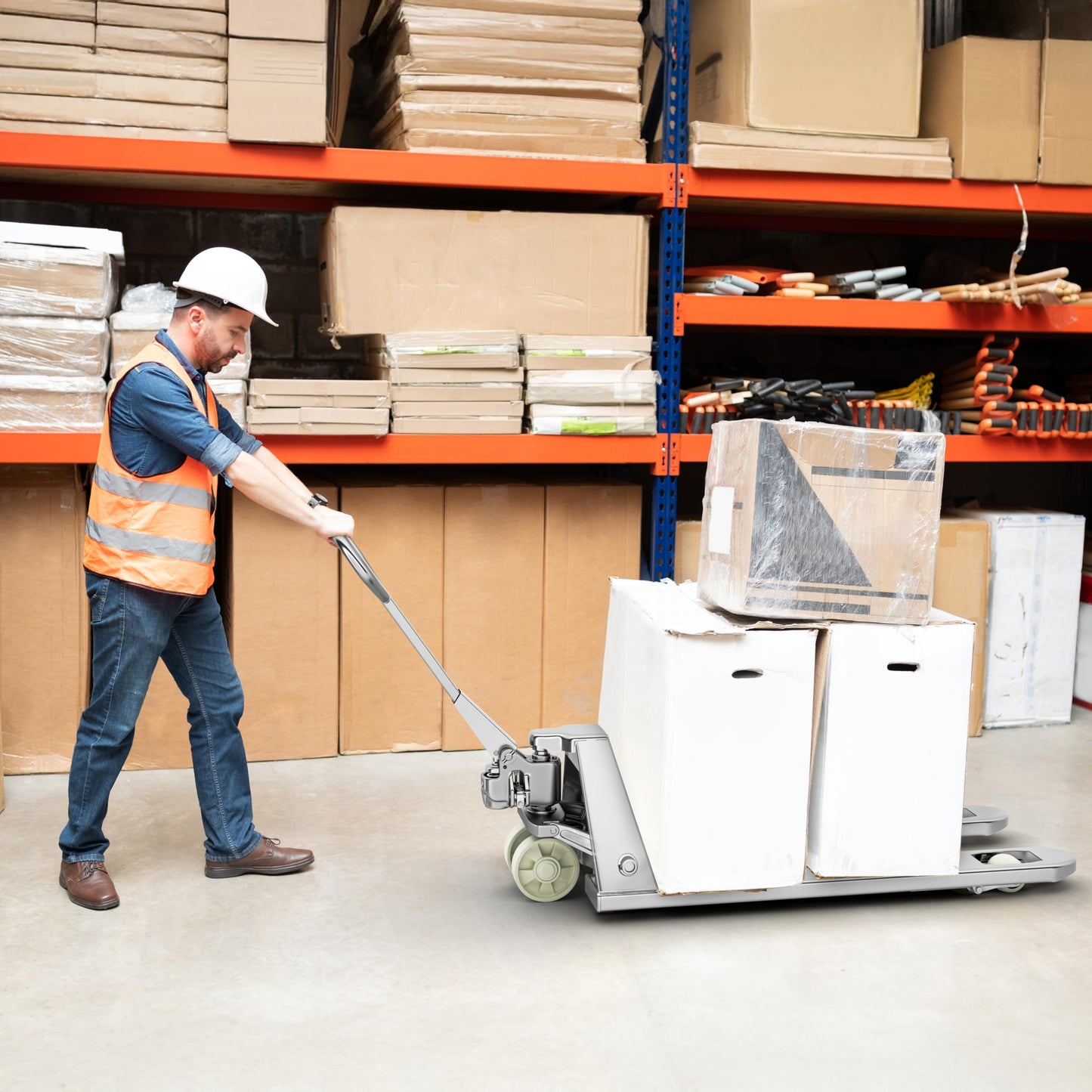 Industrial Stainless Steel Manual Pallet Jack – Heavy Duty Pallet Truck 5500 Lb Capacity - 48” L x 27” W Fork Size – Hand Truck for Material Handling - Max Lift Height 8 Inch - (US-PTSS55K)