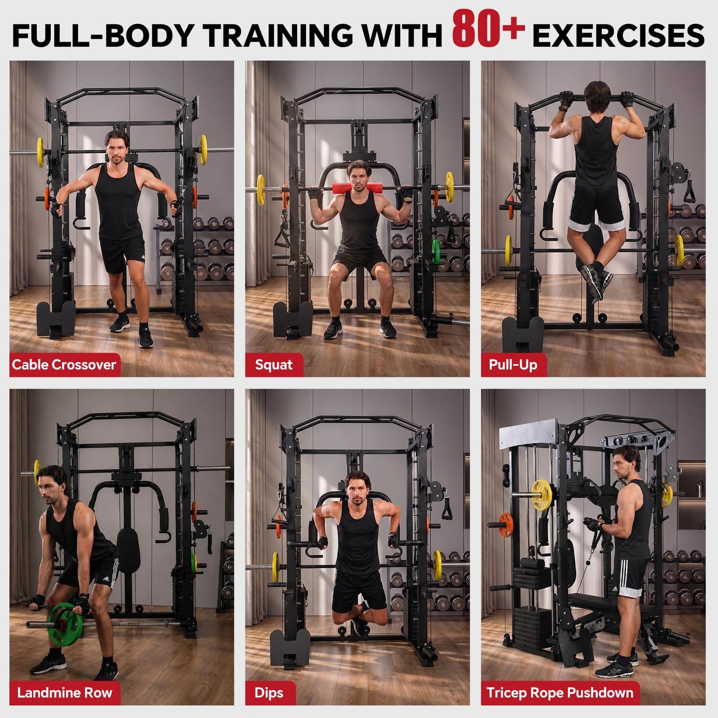 Smith Machine with Bench, Chest Fly and Leg Press, Dual 313 lb Weight Stacks, All in One Home Gym with Power Cage, Cable Pulley and LAT Pulldown for Full Body Strength Training