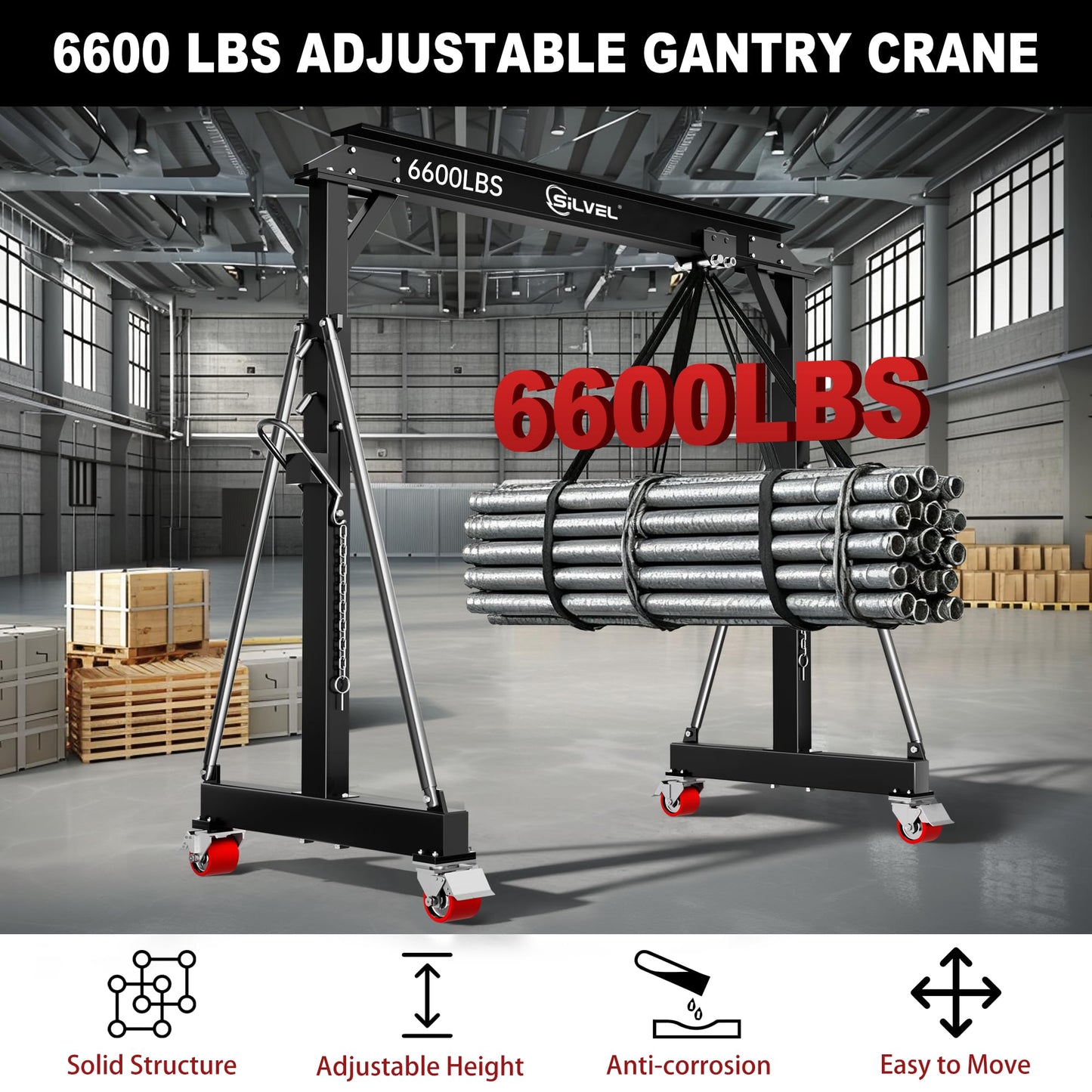 SILVEL 3 Ton 6600Lbs Gantry Crane, 8.53FT Maximum Working Width, Adjustable Height 8.53-12.47FT, Portable Shop Lift Hoist with 3 Ton Manual Trolley for Factories, Warehouses, Garage, Black