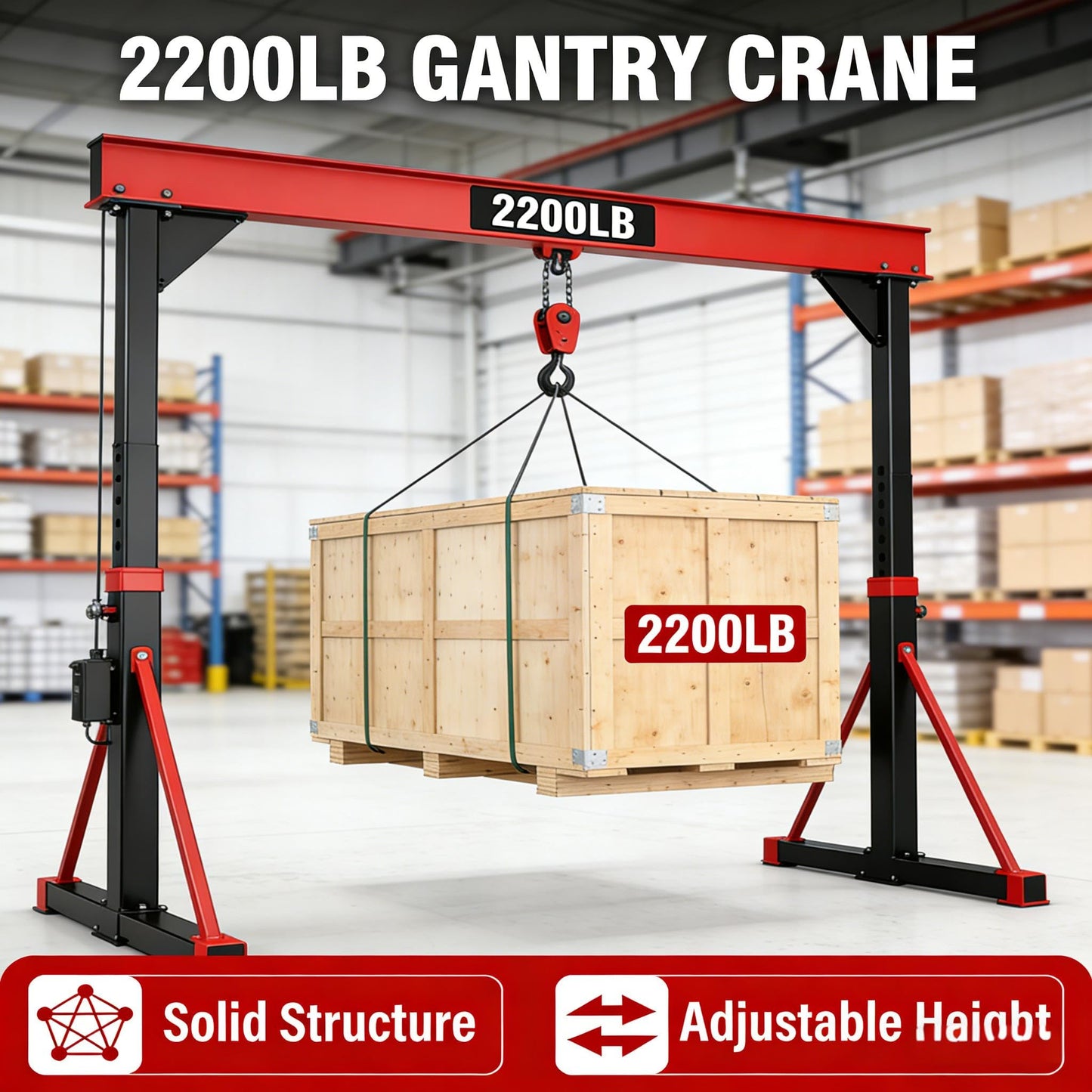 Adjustable Gantry Crane 1 Ton 2200 Lb, 12 Height Positions 97-141 in, Triangle Base a-Frame, Heavy Duty Steel i-Beam, Portable Lifting Crane for Warehouse, Shop, Construction
