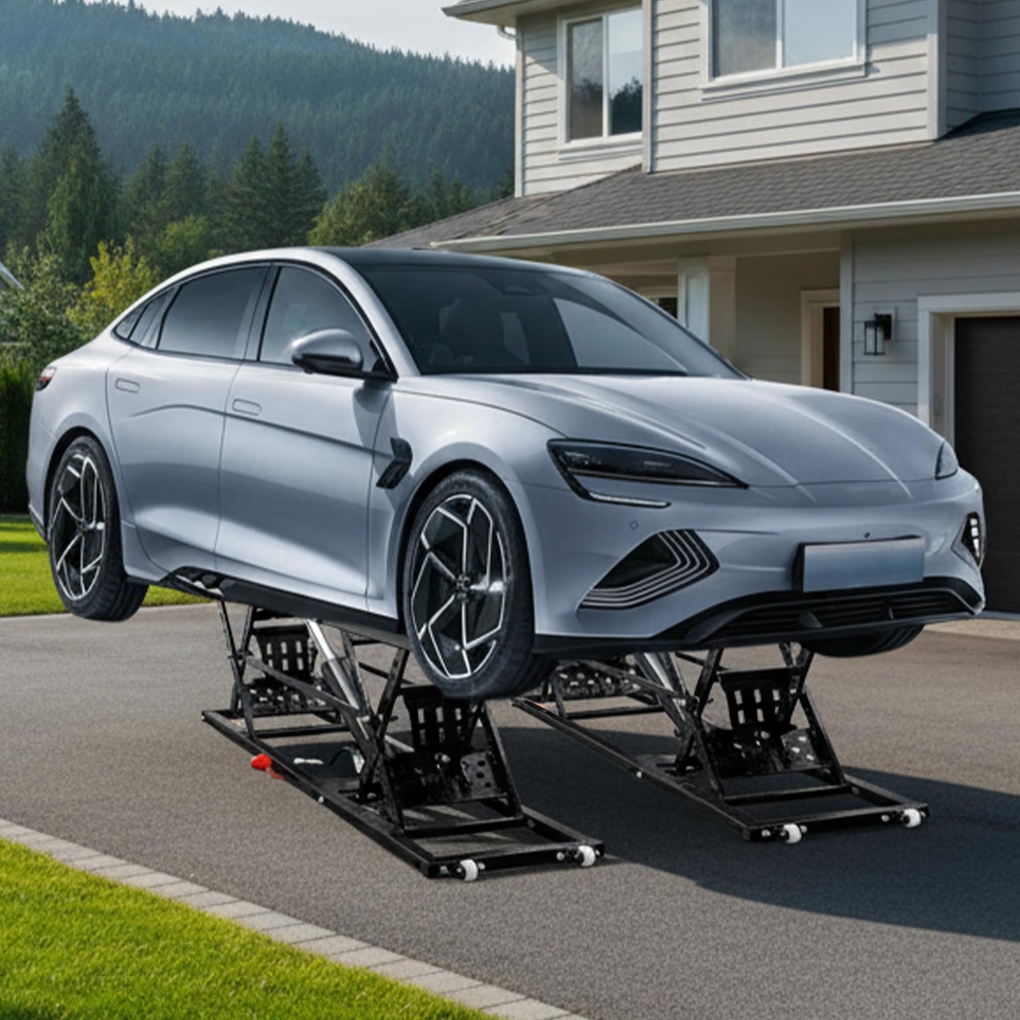 Heavy-Duty Portable Car Lift 7000 LBS Capacity, 28 Inch Max Lift Height with Mechanical Safety Locks, Adjustable Quick Jack Design, Folding & Wheels for Easy Storage