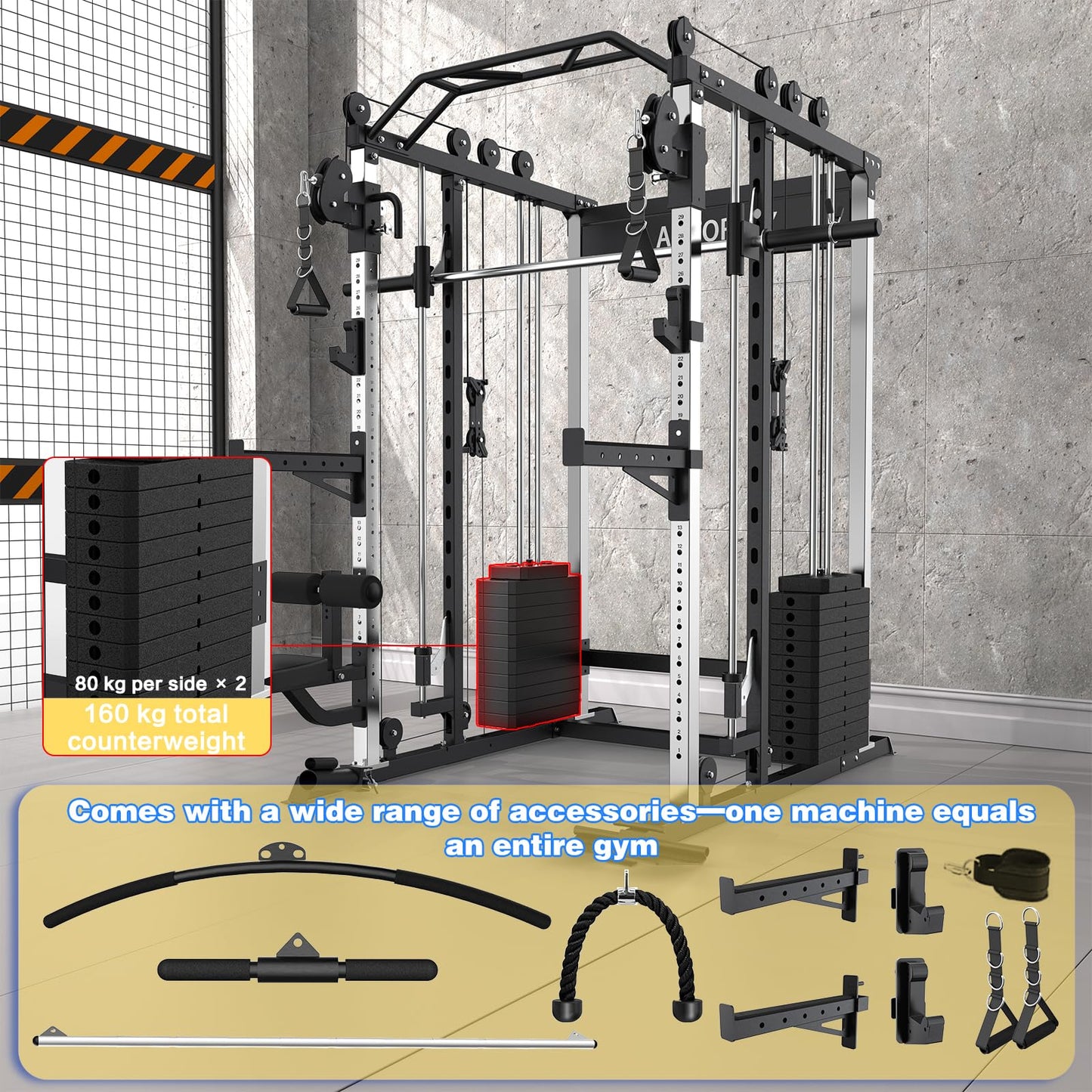 AOTORJAY Smith Machine Strength Training Squat Rack with Smith Bar, Power Cage with LAT Pull-Down Systems, Cable Crossover Machine for Home Gym (Smith Machine with 352lbs Weight Stack)