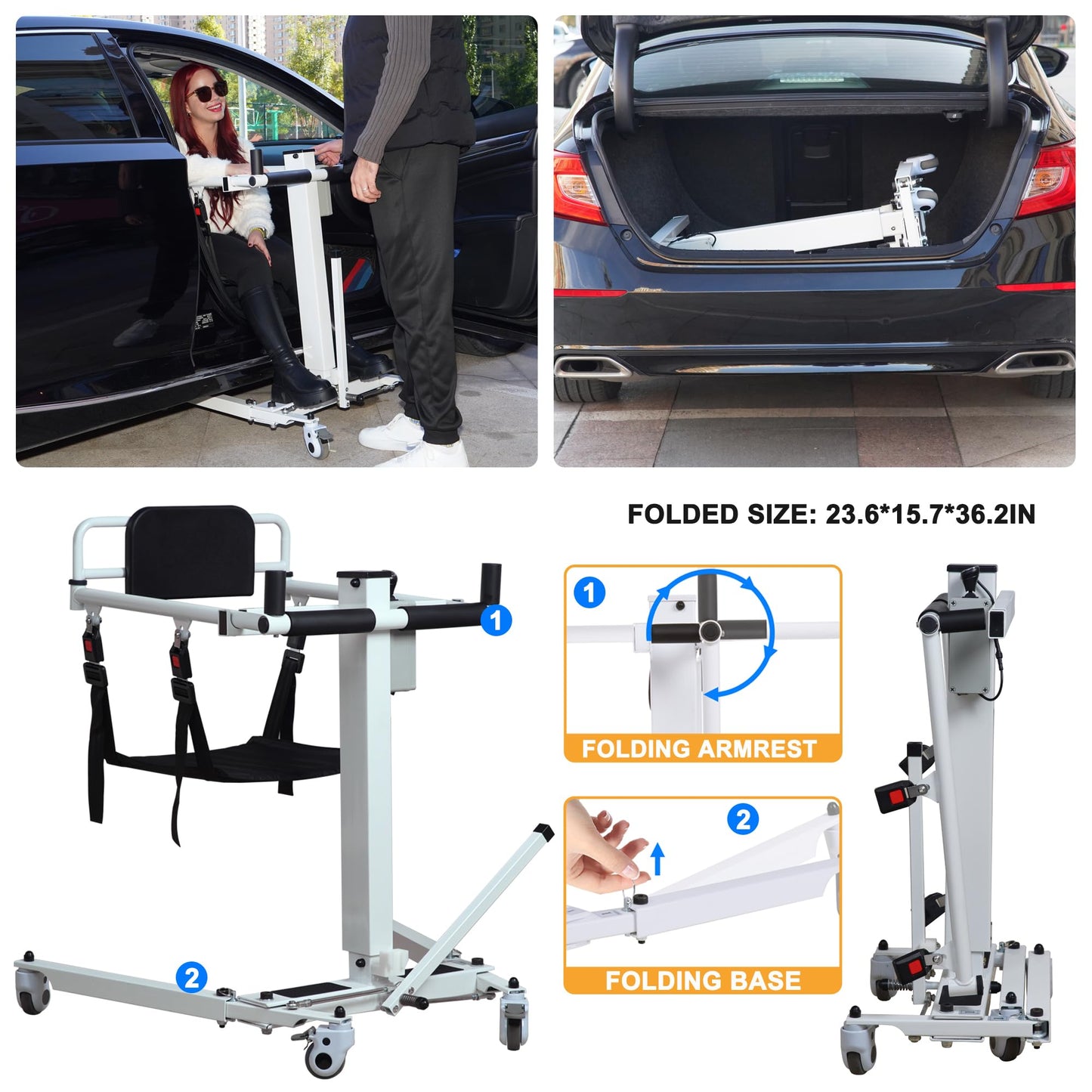 Upgrade Electric Patient Lift Transfer Chair, Foldable Transfer Lift Chair, Adjustable Height & Base Width, Portable Lift Assist for Elderly, Bed to Wheelchair/Sofa/Toilet/Car Transfers