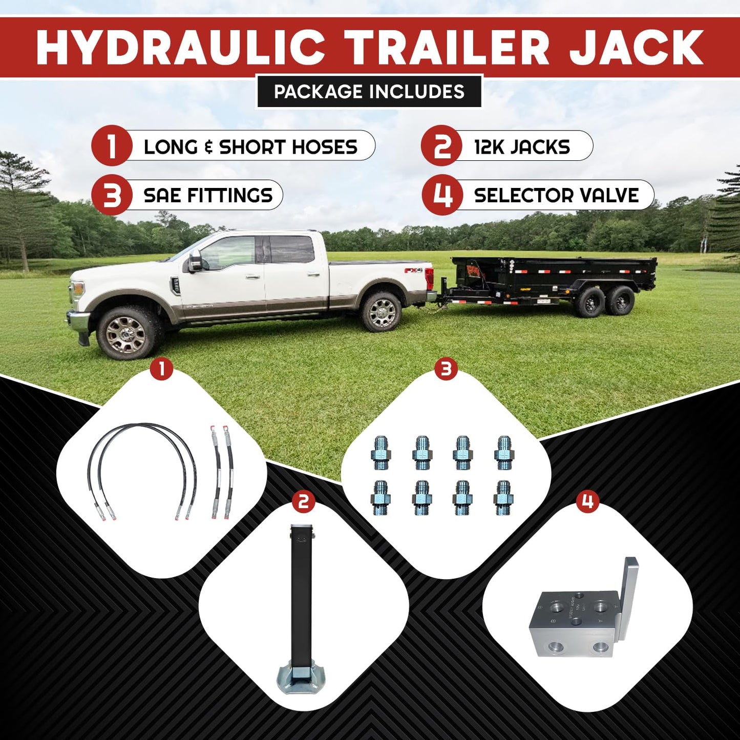 Hydraulic Trailer Jack (12,000 lb) - Power Jack 12K Double Acting, Lift Trailer Jack Stand Kit (12k Jack Weld On) PFJ-1-ADS-K