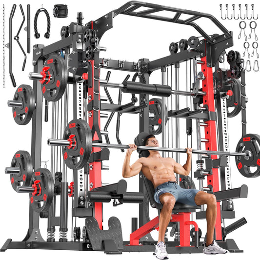 XGSW XINGESIWR Multi-Purpose Squat Rack,Smith Machine Weight Rack Set with Cable Crossover System, Home Gym Power Racks, Power Racks and Packages (L05, Power cage Red+Bench+(Pole+Cast lron) 338LBS)