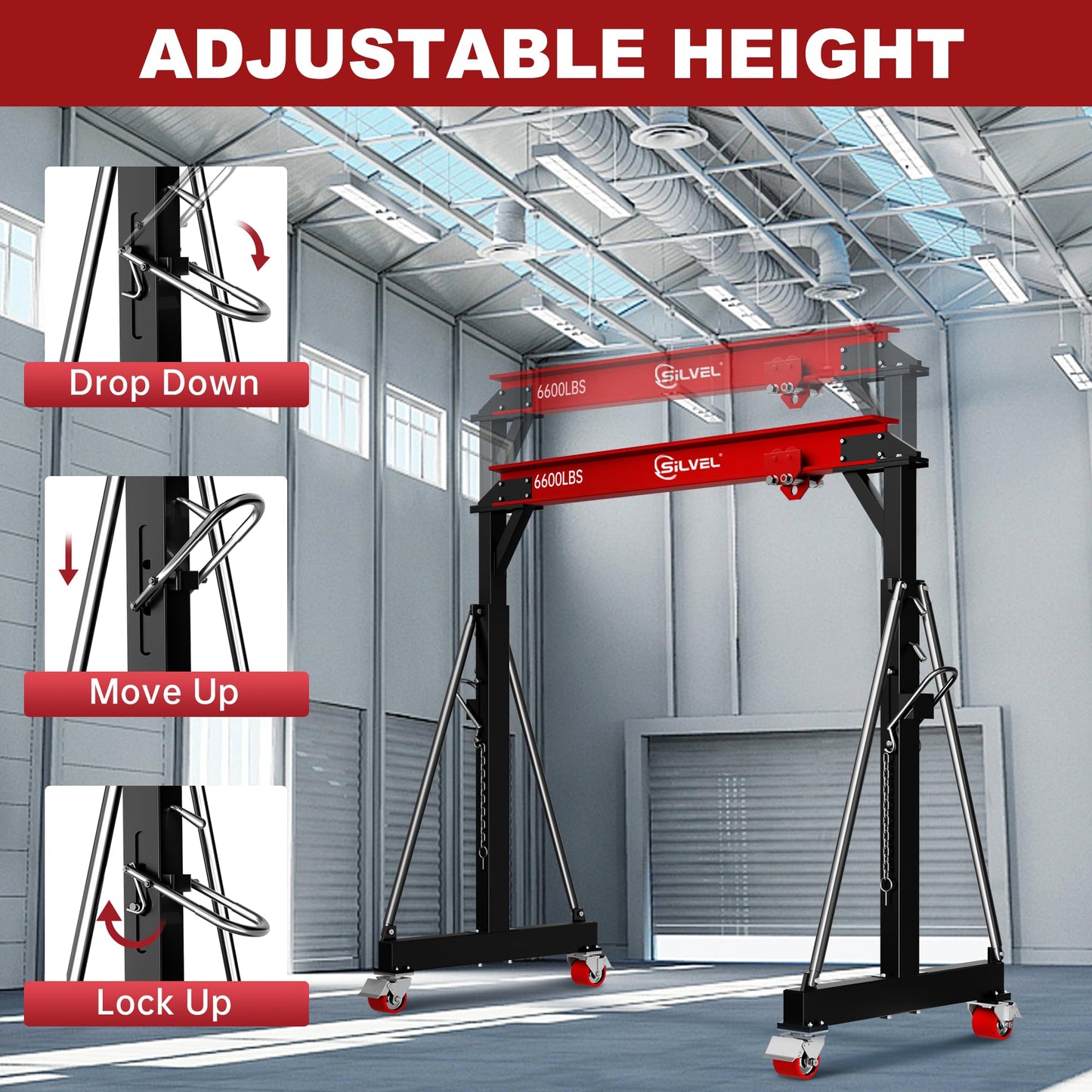 SILVEL 3 Ton 6600Lbs Gantry Crane, 8.53FT Maximum Capacity Width, 8.53-12.47FT Adjustable Height, Portable Shop Lift Hoist with 3 Ton Manual Trolley for Factories, Warehouses, Garage, Red