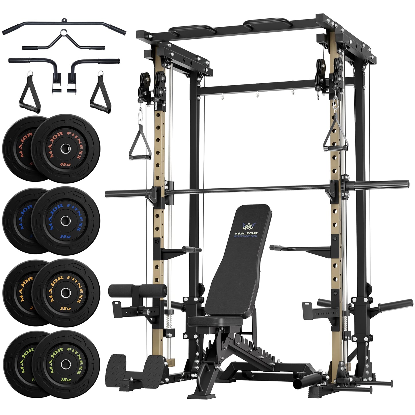Major Fitness Drone3 Smith Machine, All-in-One Home Gym Squat Rack with Cable Crossover & Pull-Up Station, Heavy-Duty Strength Training (D3SMS-KHA (with Bench Elite BLK & 230LB BLK BP)