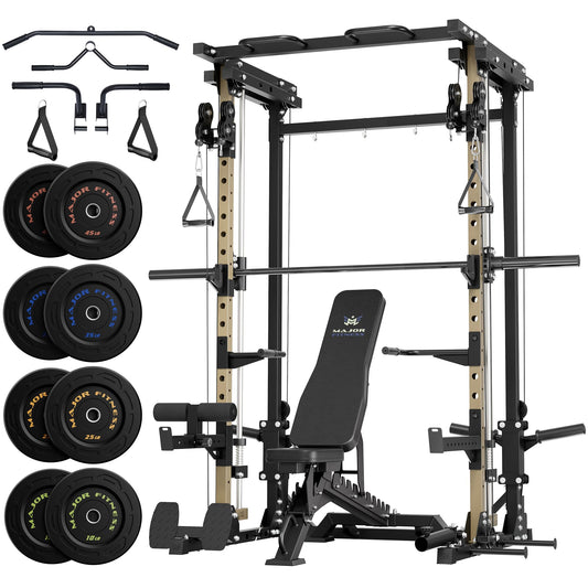 Major Fitness Drone3 Smith Machine, All-in-One Home Gym Squat Rack with Cable Crossover & Pull-Up Station, Heavy-Duty Strength Training (D3SMS-KHA (with Bench Elite BLK & 230LB BLK BP)