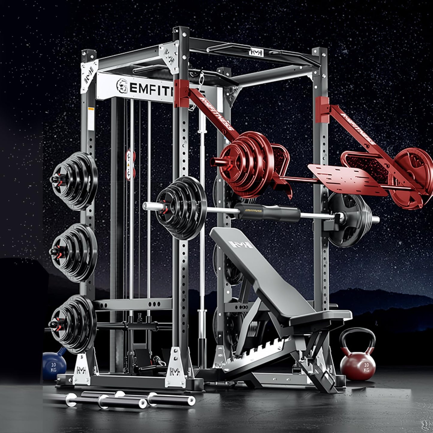 JZOPIDL X9 Power Cage with Adjustable Bench/Olympic Barbell/Cable Crossover/Smith Machine System, 3500LB Squat Rack for Home & Garage Gym, with Weight Storage Rack and Training Attachments
