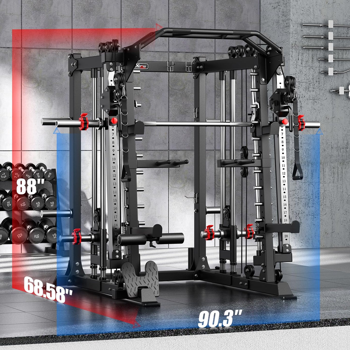 Smith Machine，Multi-Function Squat Rack Power Cage with Cable Crossover System,with Optional Weight Bench, Olympic Barbell Weight Set, for Home Gym (Black, L05-Package(（Pole+Color BP） 403LBS)