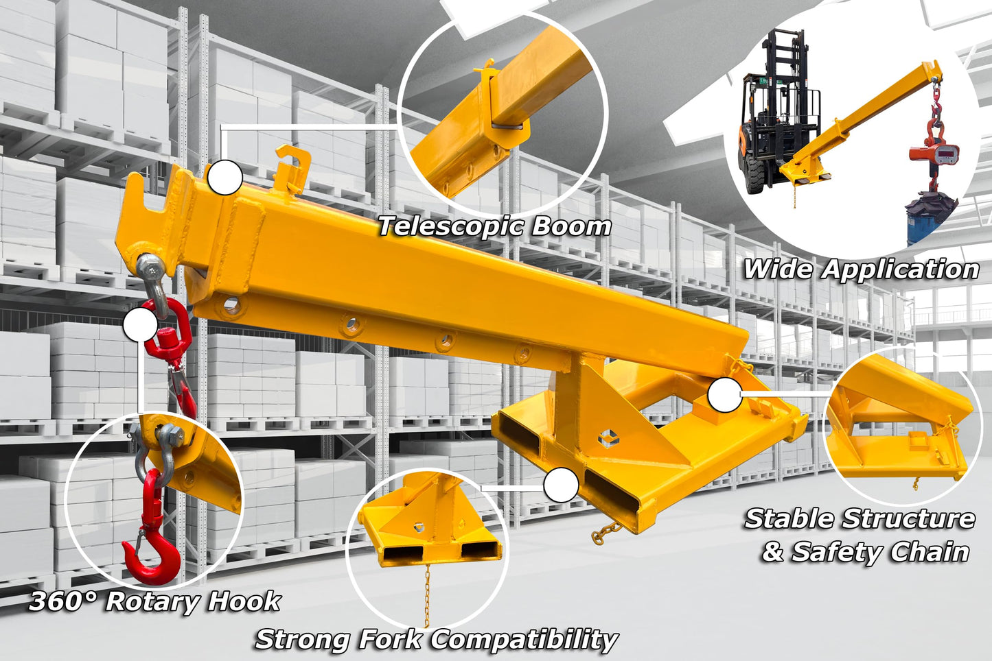 INTSUPERMAI 3 Ton / 6600 LB Forklift Crane Attachment with Truss Hoist Jib Boom and Hook Forklift Jib Boom Crane