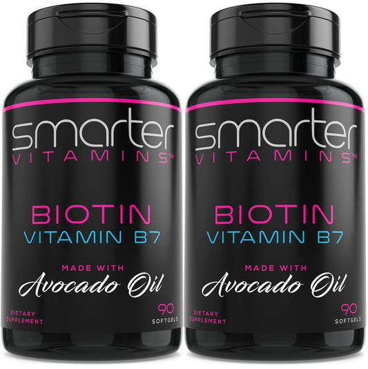 (2 Pack) Smarter Biotin 5000mcg in Avocado Oil, Vitamin B7, Non-GMO, 90 Mini Liquid Softgels, No Soy