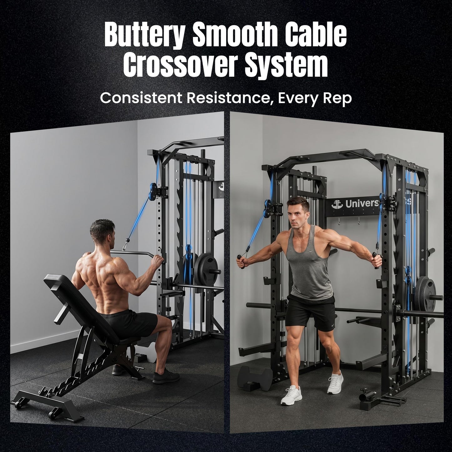 Unive Fitness F4 Smith Machine, All-in-One Squat Rack for Home Gym and Dual Cable Training System, Full-Body Workout Machine for Garage Gym or Bedroom (BK F4SM+RD WB+265lb WP)