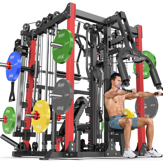 Smith Machine with Cable Crossover System, Multi-Function Squat Rack Power Cage for Home Gym, Power Rack and Packages Weight Sets (Red, L07-Smith Machine+Bench+(Pole+Color BP) 263LBS)