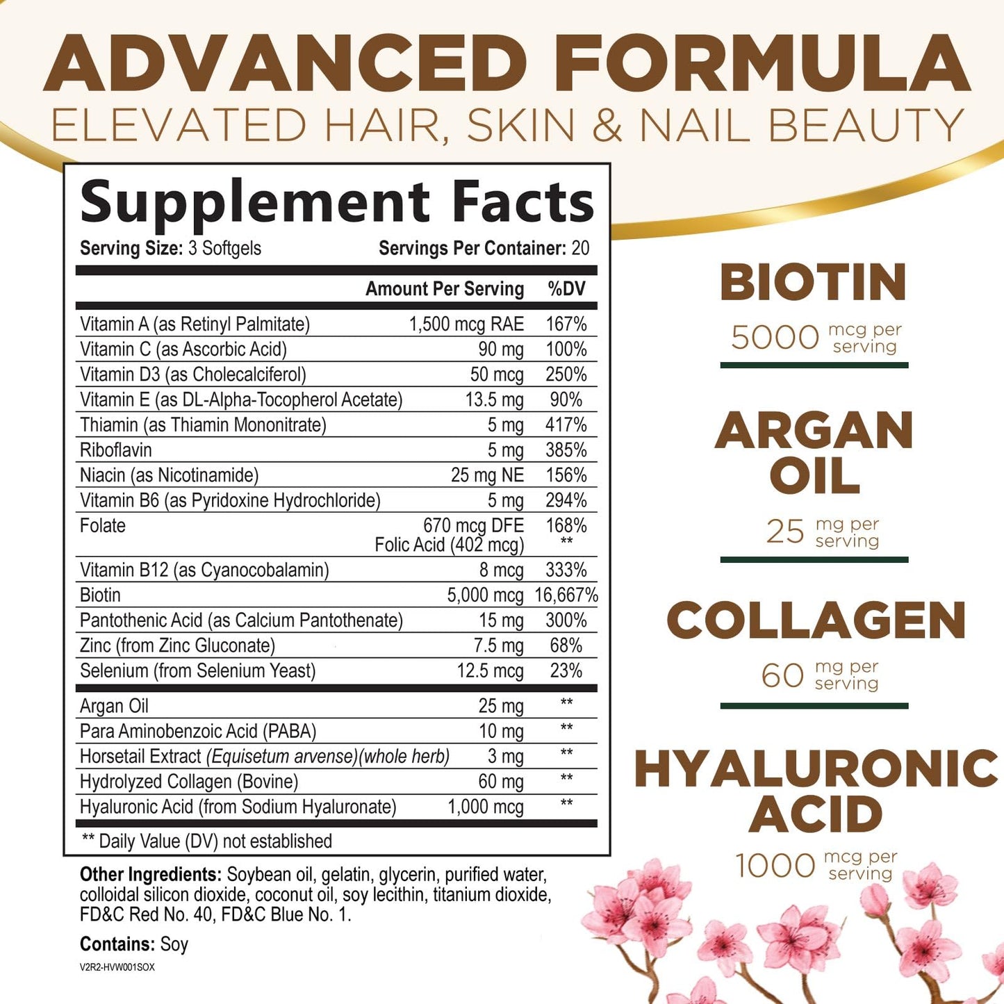 Hair, Skin & Nails Vitamins - Biotin 5000mcg Per Serving - Extra Strength Hair Growth Support For Women with Collagen, Argan Oil - Beautiful Skin, Hair & Nails Supplement - USA Bottled - 60 Softgels