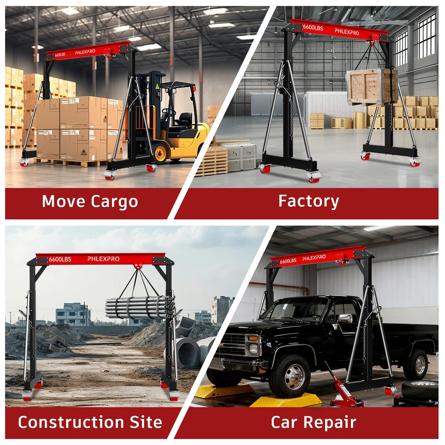 3 Ton Gantry Crane, 6600LBS Capacity, Adjustable Height 8.53 to 12.47ft with Triangle Base, Portable I-Beam Hoist for Factory, Warehouse, Auto Repair & Construction, Red