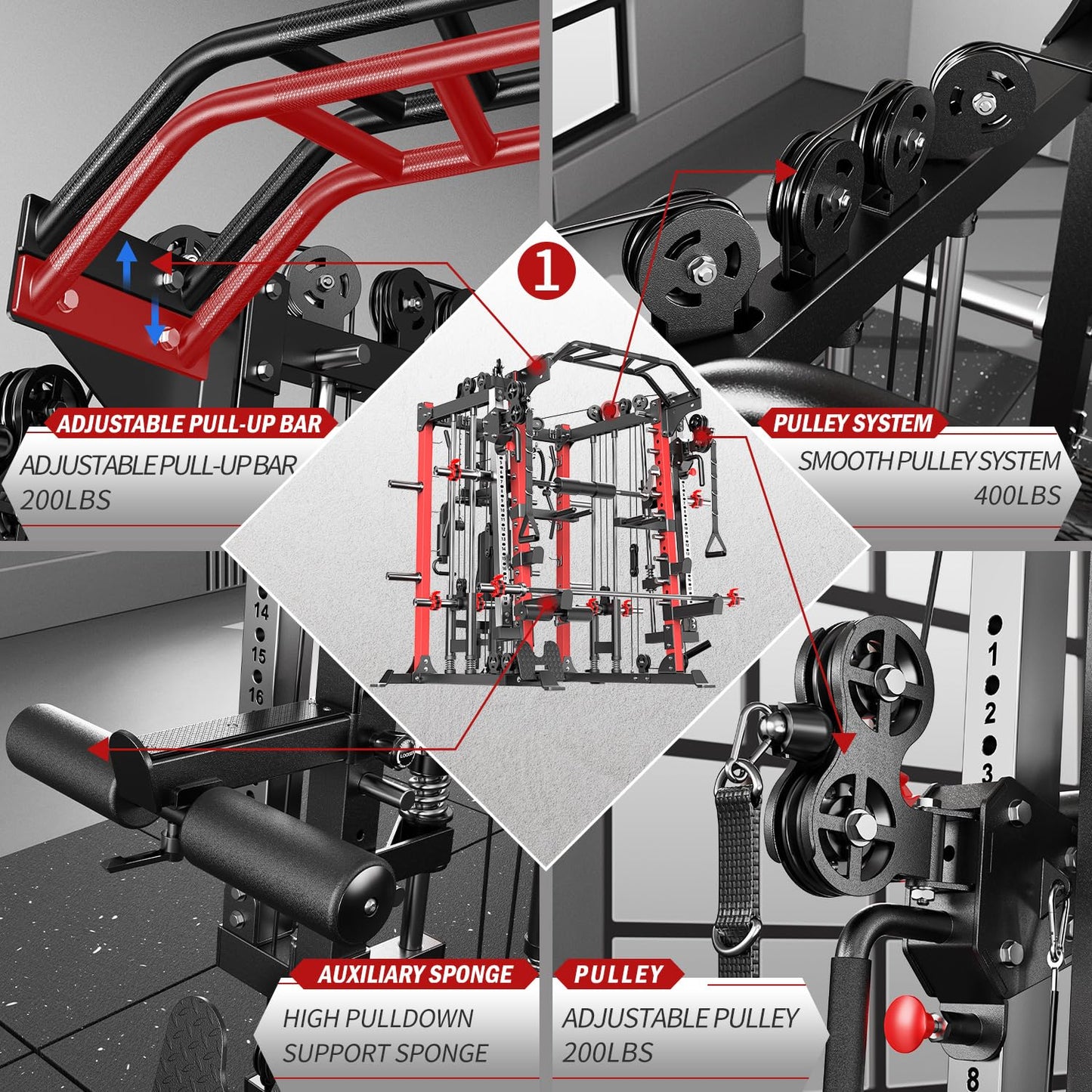 Smith Machine，Multi-Function Squat Rack Power Cage with Cable Crossover System,with Optional Weight Bench, Olympic Barbell Weight Set, for Home Gym (red, L07-Power Cage + Weight Bench)