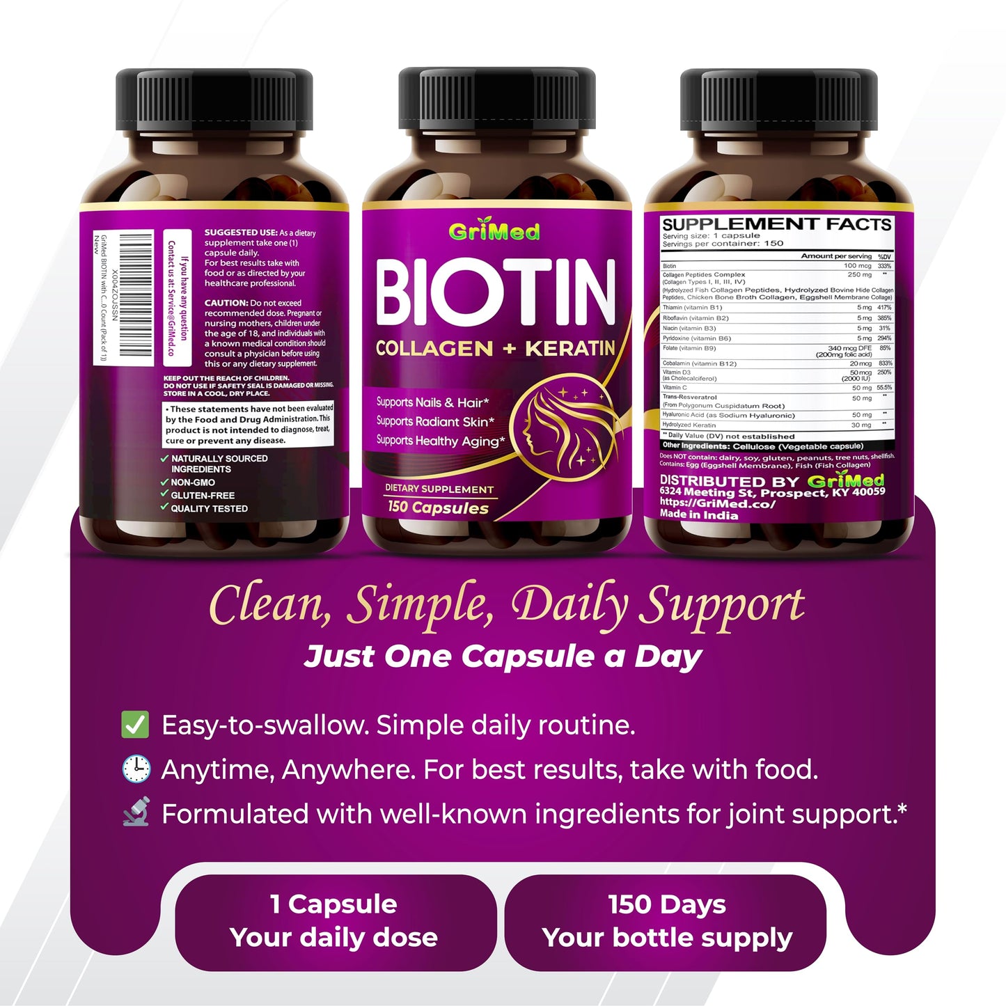 GriMed BIOTIN with Collagen + Keratin 7,275mg Strong Nails & Hair, Radiant Skin, Healthy Aging (150 Count (Pack of 1))