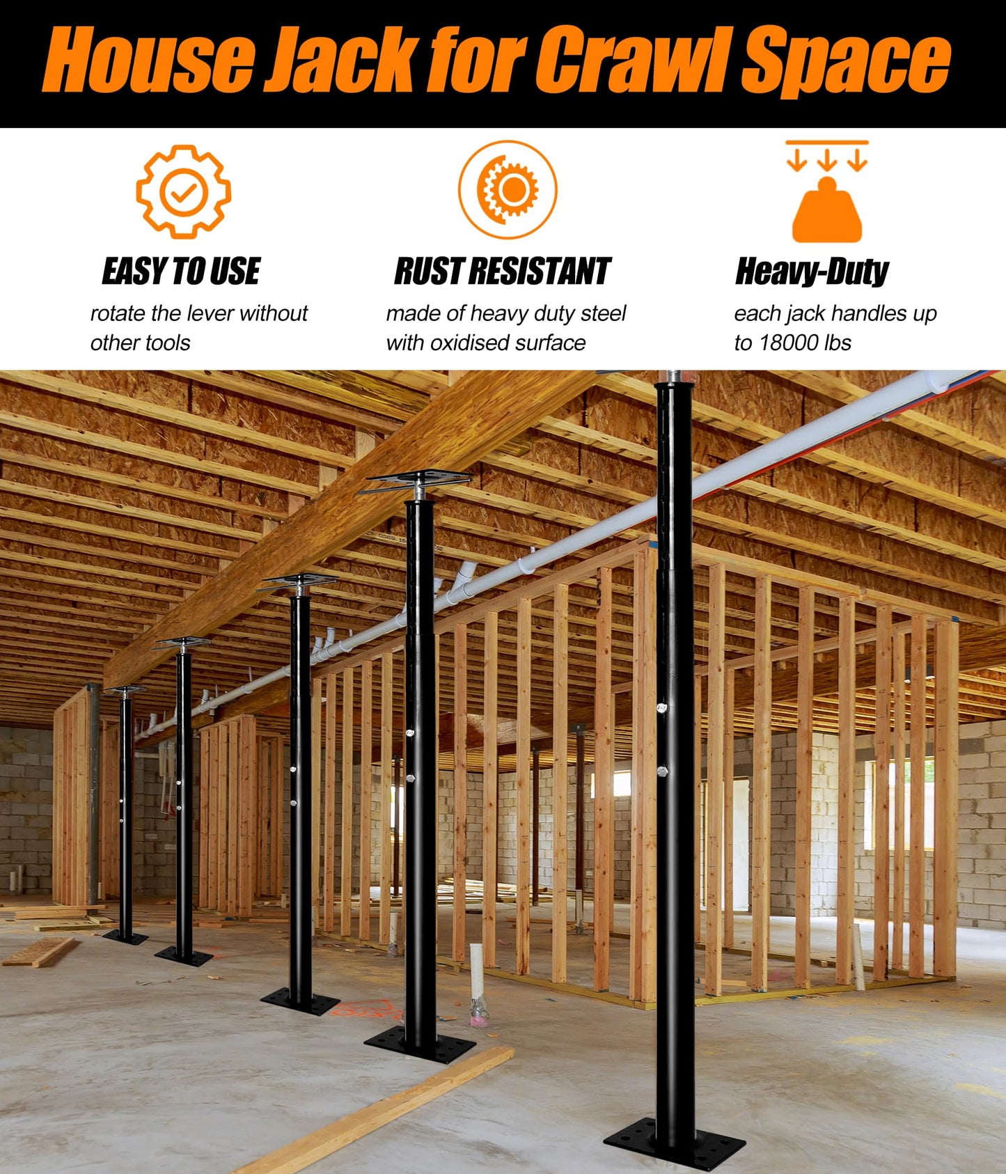 2 Pack Heavy Duty Floor Jack Post 31" to 63" Adjustable Support Pole Jack | 18,000 lbs Load Capacity | Basement Jack for Leveling, Foundation Repair, Crawl Space & Deck Support | Swivel Top Plate